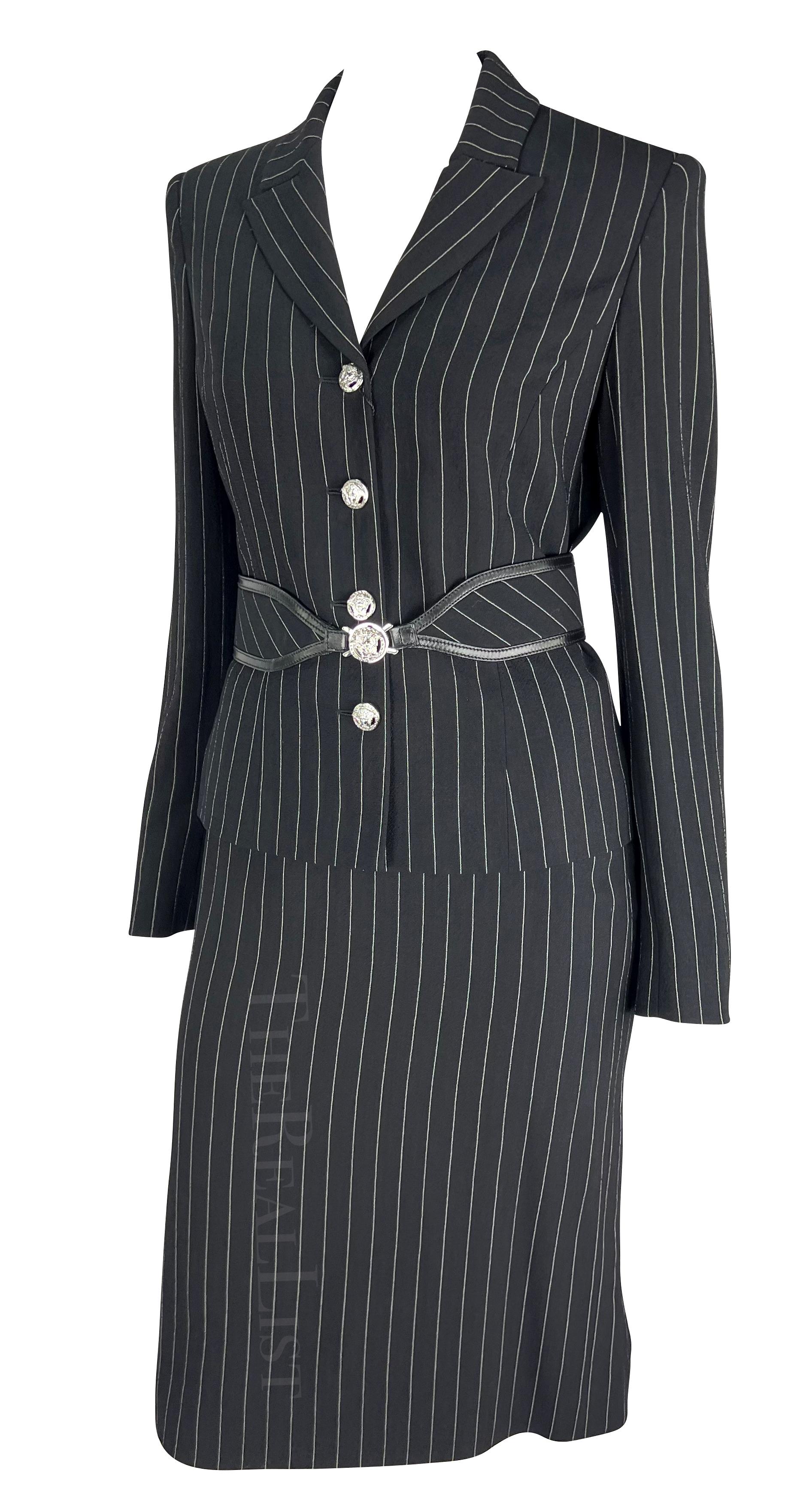Women's NWT F/W 2004 Versace by Donatella Black Wool Blend Pinstripe Medusa Belted Suit For Sale