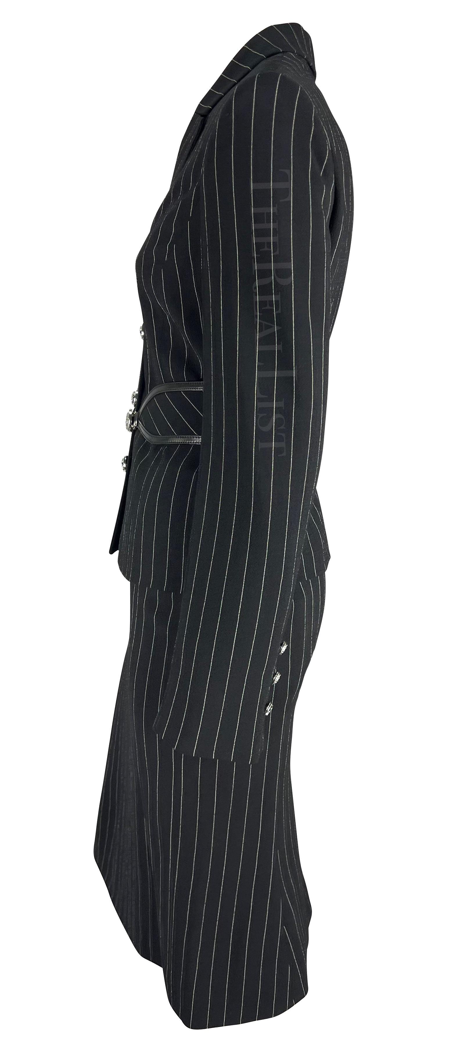 NWT F/W 2004 Versace by Donatella Black Wool Blend Pinstripe Medusa Belted Suit For Sale 1