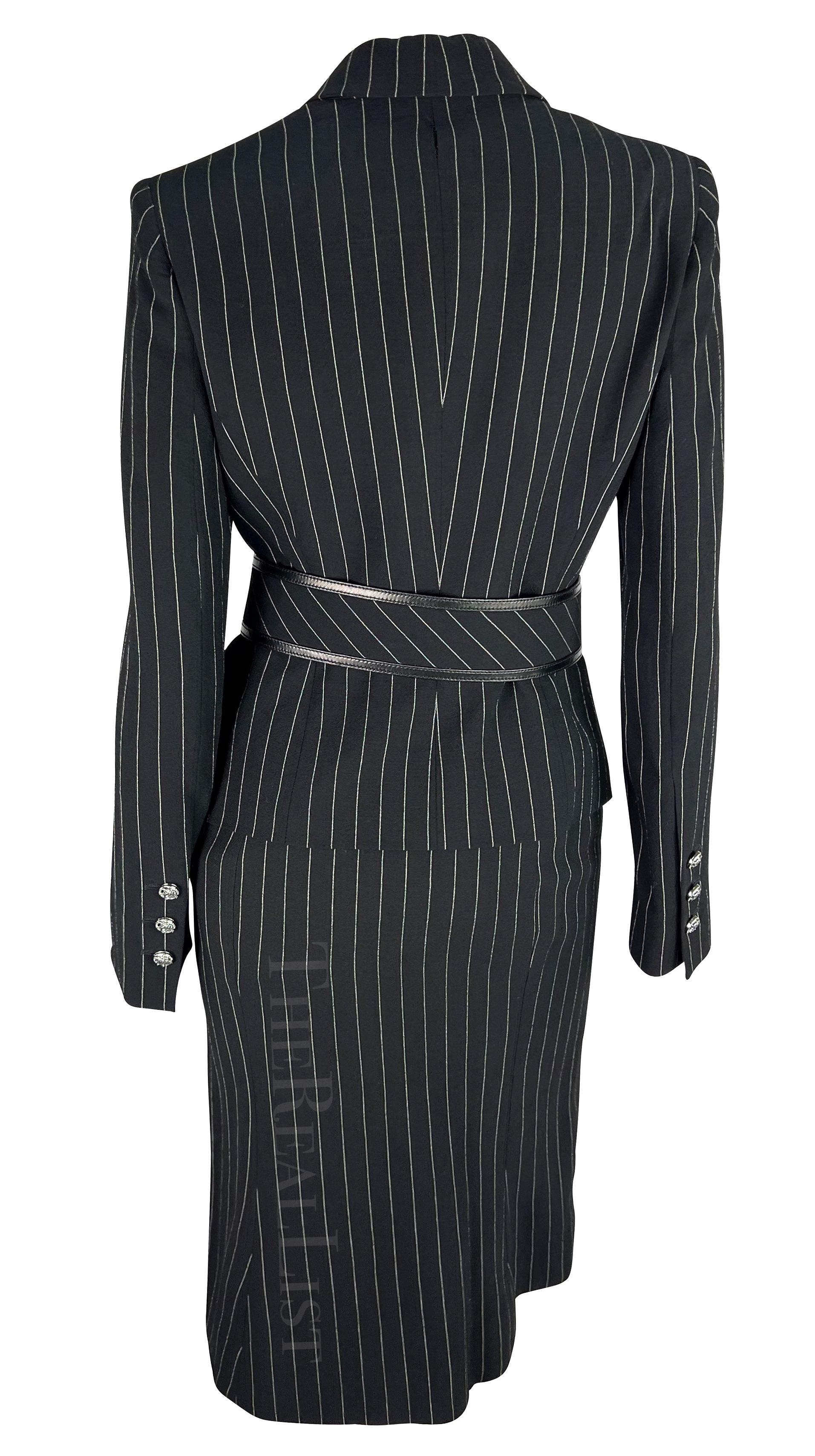 NWT F/W 2004 Versace by Donatella Black Wool Blend Pinstripe Medusa Belted Suit For Sale 2