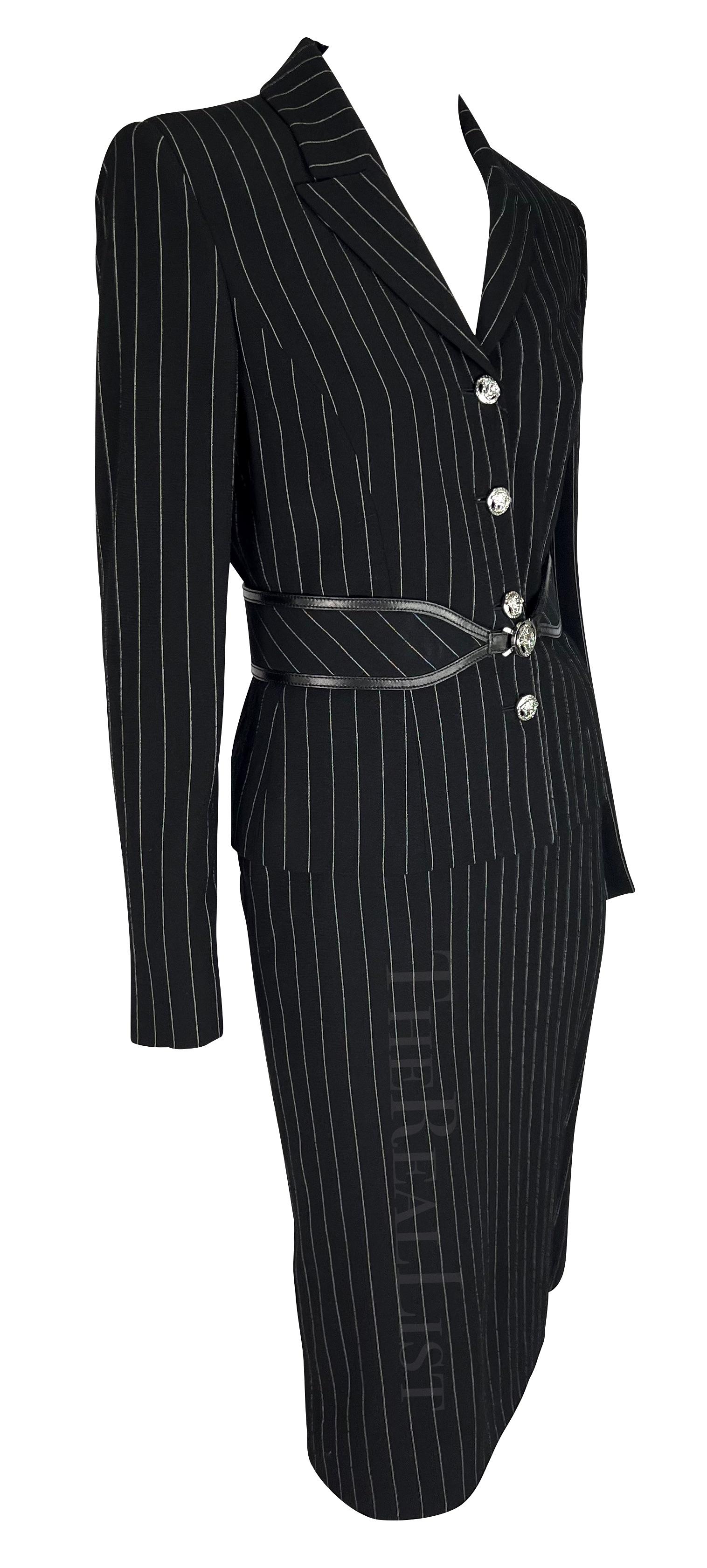 NWT F/W 2004 Versace by Donatella Black Wool Blend Pinstripe Medusa Belted Suit For Sale 4