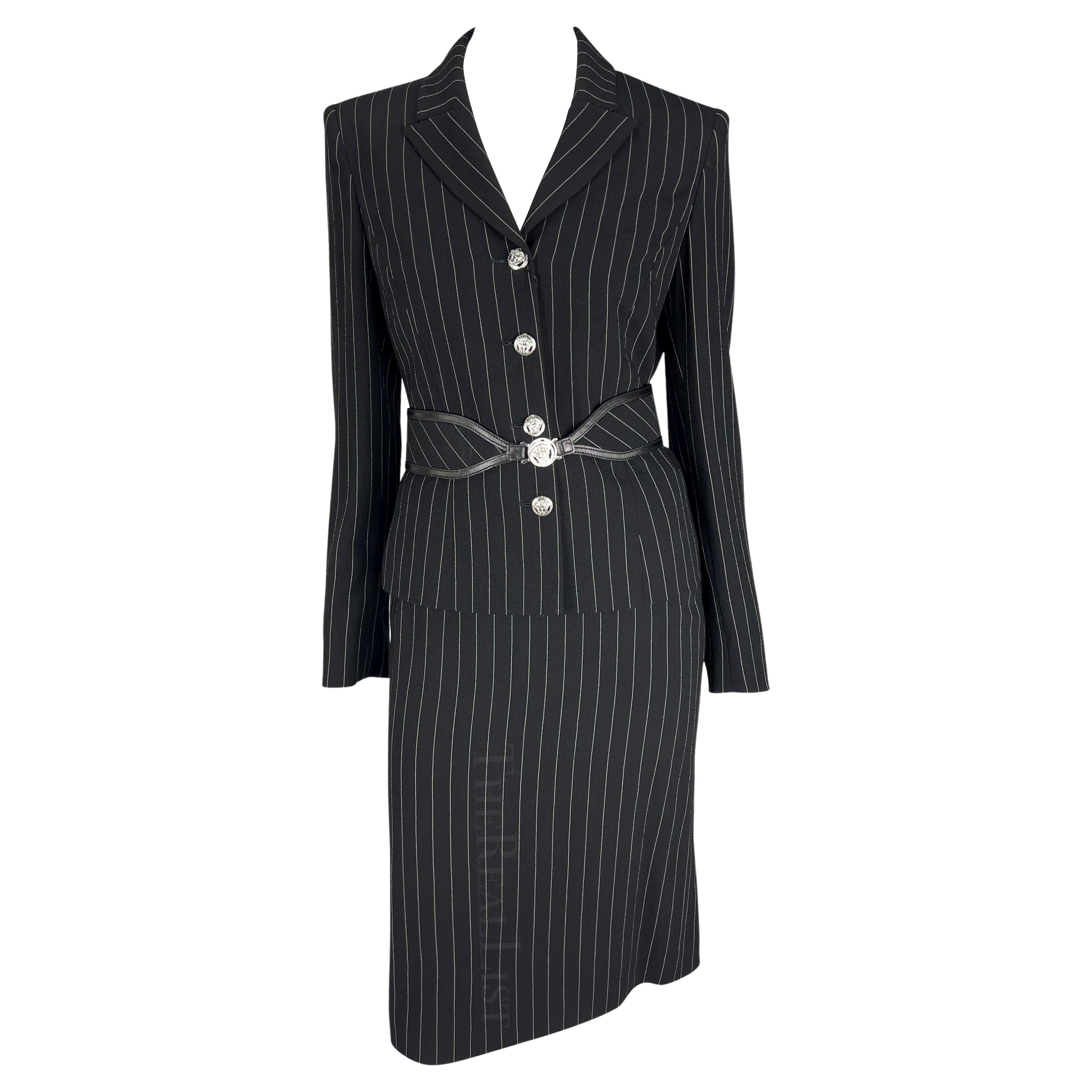 NWT F/W 2004 Versace by Donatella Black Wool Blend Pinstripe Medusa Belted Suit For Sale
