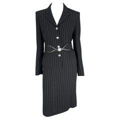 NWT F/W 2004 Versace by Donatella Black Wool Blend Pinstripe Medusa Belted Suit
