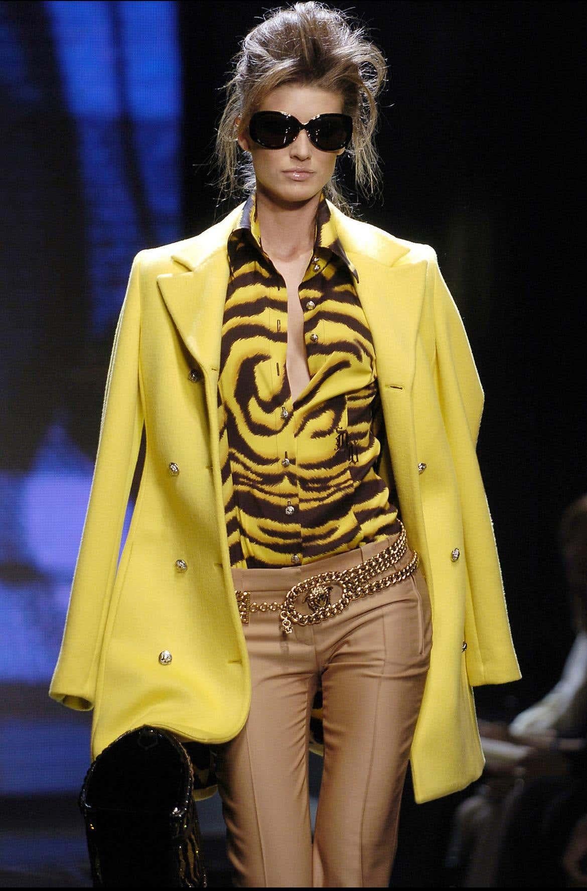 Wir präsentieren ein wunderschönes gelb-schwarzes Versace-Kleid mit Tigerstreifen, entworfen von Donatella Versace. Dieser wunderschöne Druck aus der Herbst/Winter-Kollektion 2004 wurde auf dem Laufsteg der Saison in mehreren Looks gezeigt. Dieses