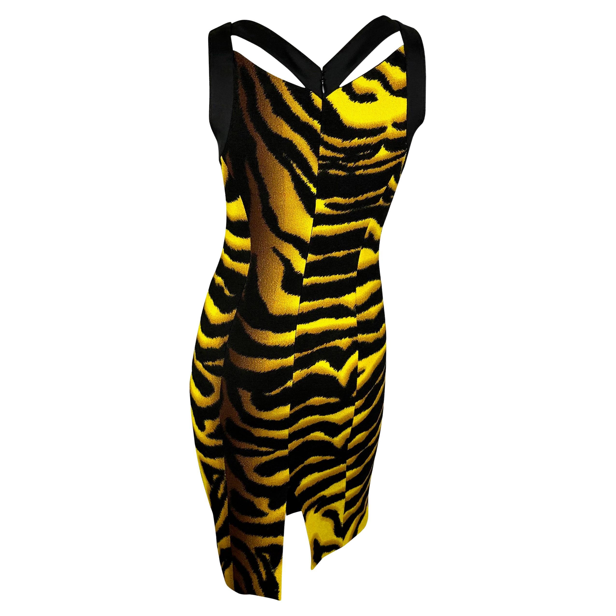 Women's NWT F/W 2004 Versace by Donatella Yellow Black Tiger Print Wool Stretch Dress For Sale