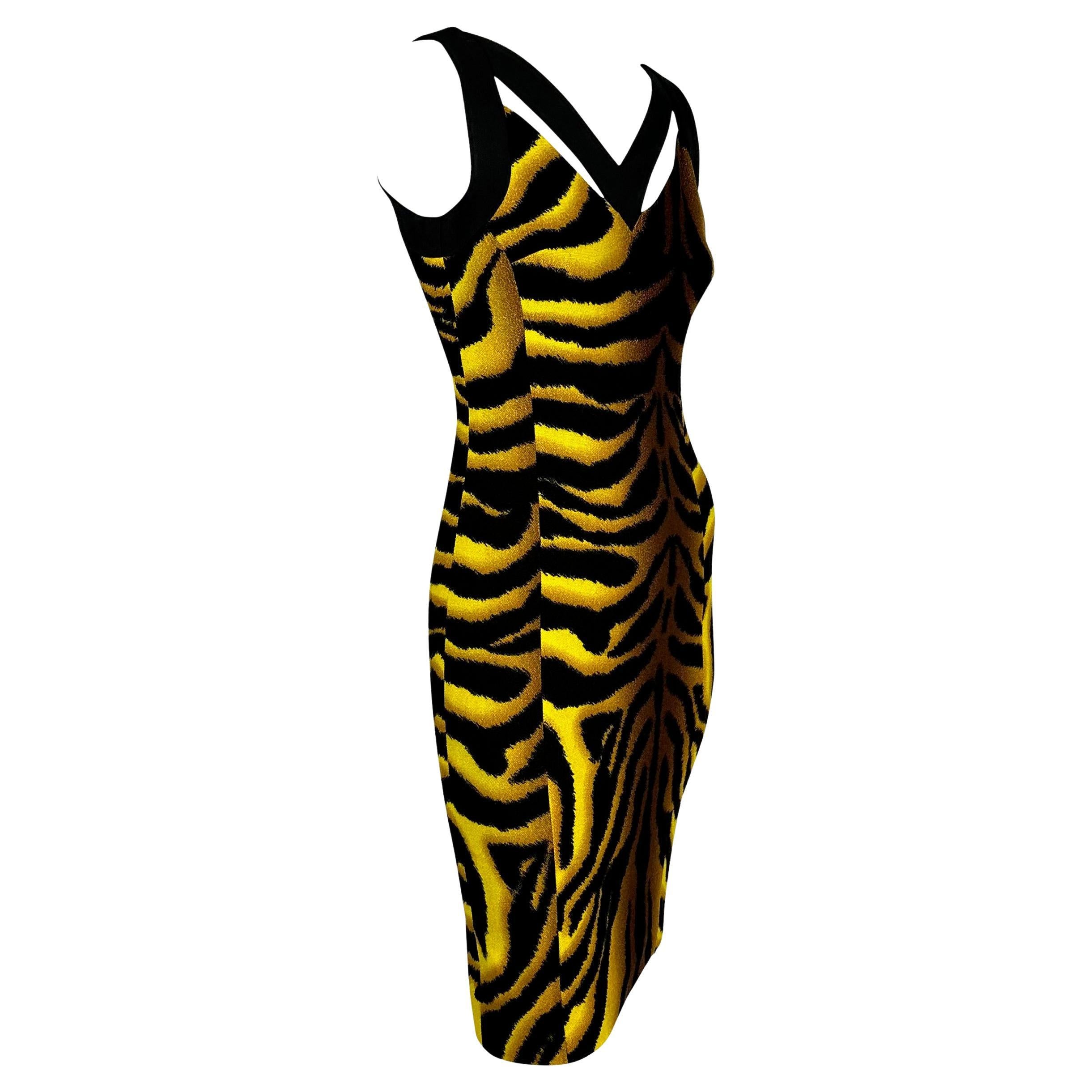 NWT F/W 2004 Versace by Donatella Yellow Black Tiger Print Wool Stretch Dress For Sale 2