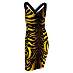 NWT F/W 2004 Versace by Donatella Yellow Black Tiger Print Wool Stretch Dress