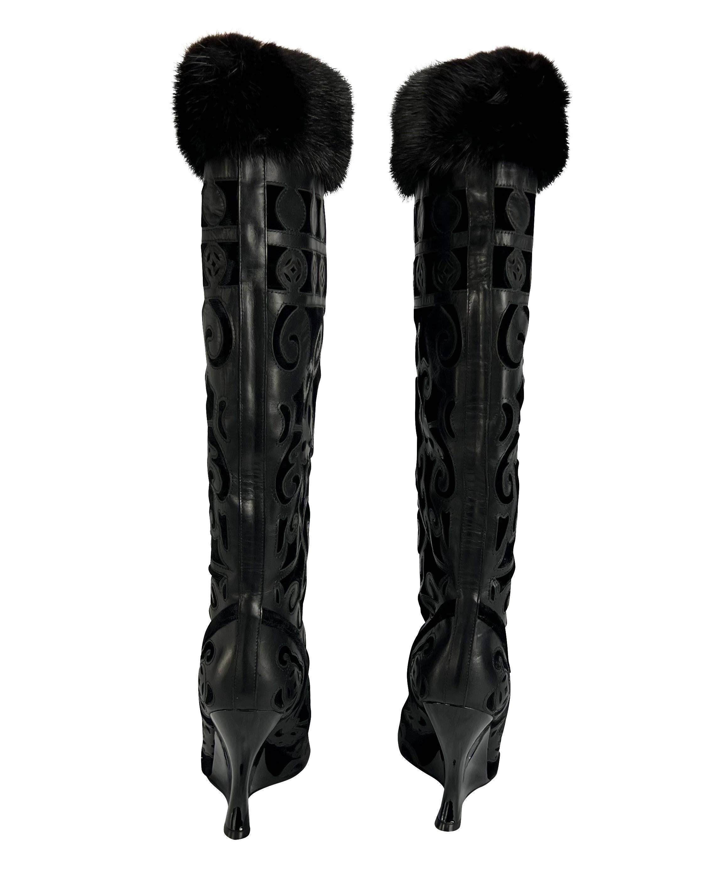 Black NWT F/W 2004 Yves Saint Laurent by Tom Ford Chinoiserie Fur Wedge Boots IT40  For Sale