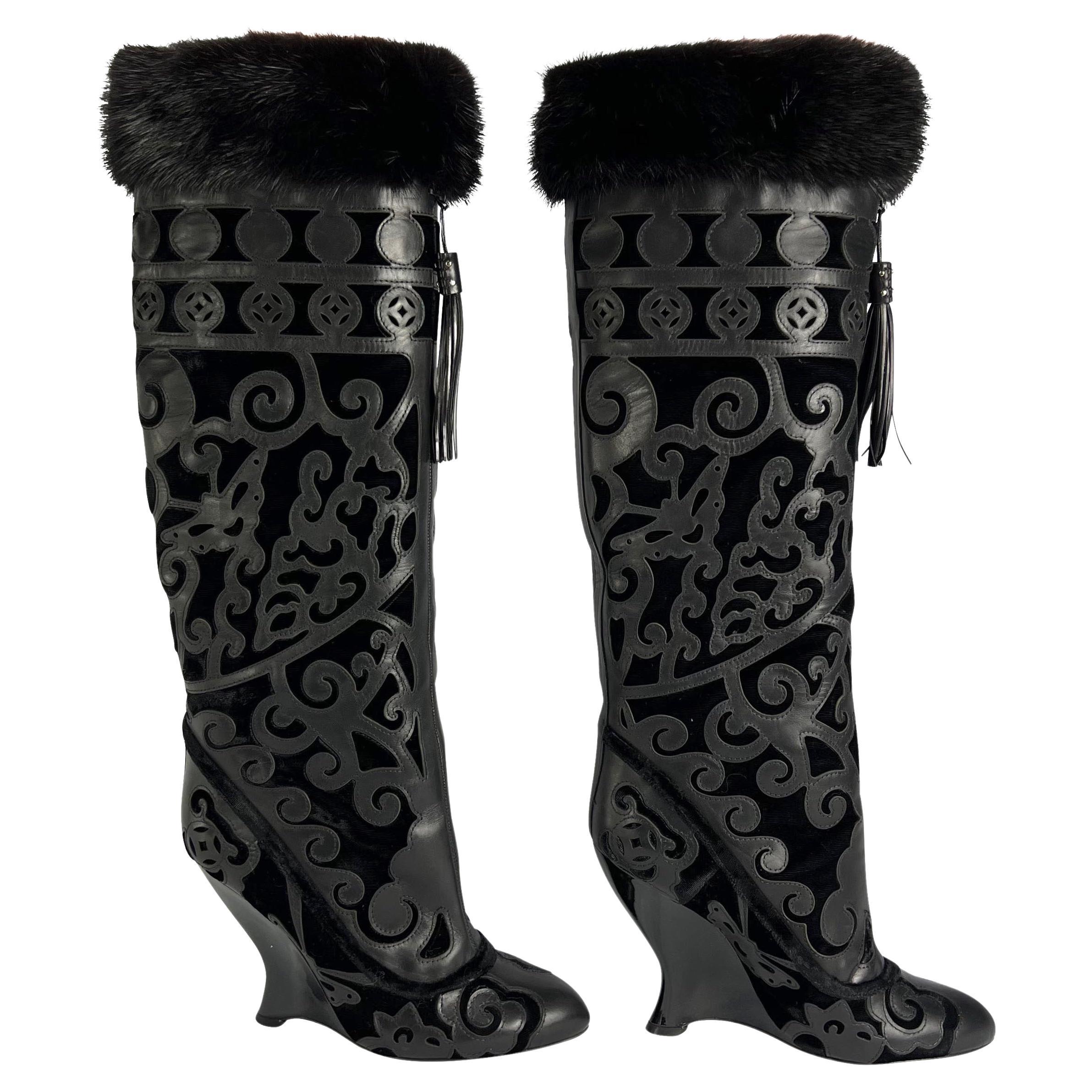 NWT F/W 2004 Yves Saint Laurent by Tom Ford Chinoiserie Fur Wedge Boots  IT40 For Sale at 1stDibs