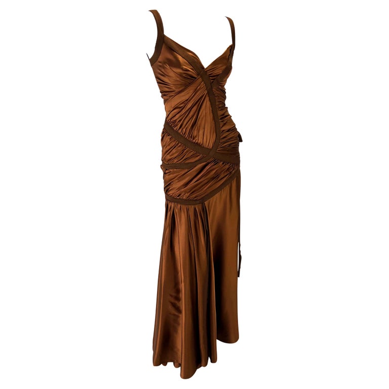 NWT F/W 2005 Donna Karan Runway Copper Brown Silk Satin Bandage Stretch Dress For Sale 6