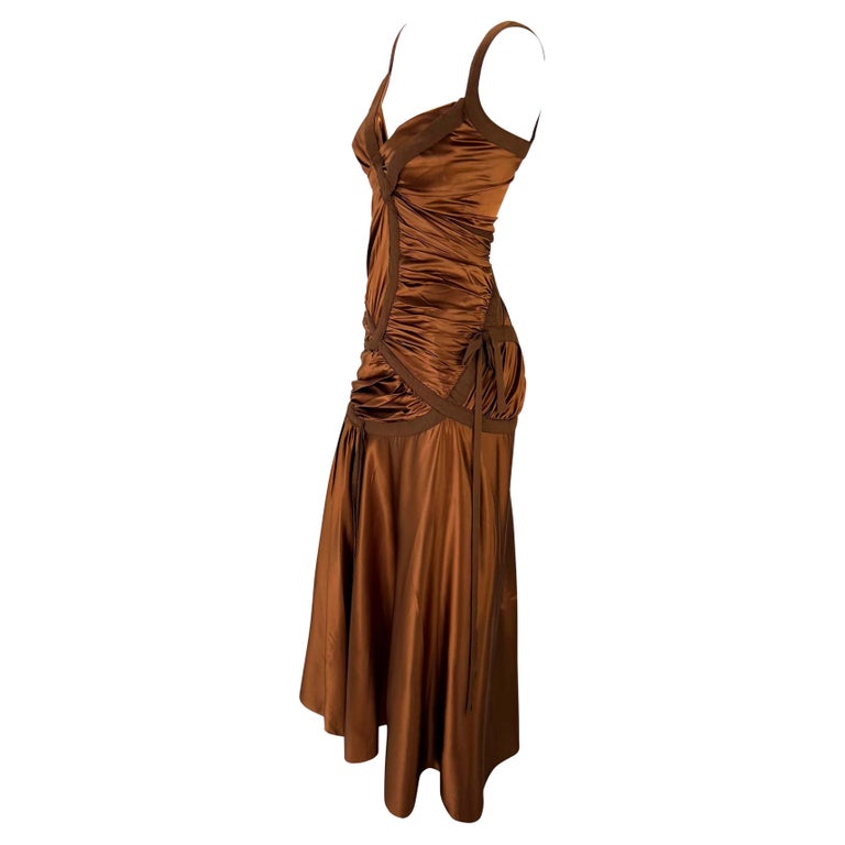 NWT F/W 2005 Donna Karan Runway Copper Brown Silk Satin Bandage Stretch Dress In Good Condition For Sale In Philadelphia, PA