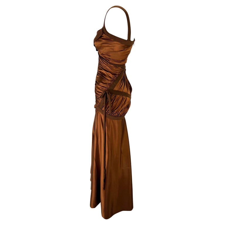 NWT F/W 2005 Donna Karan Runway Copper Brown Silk Satin Bandage Stretch Dress For Sale 1