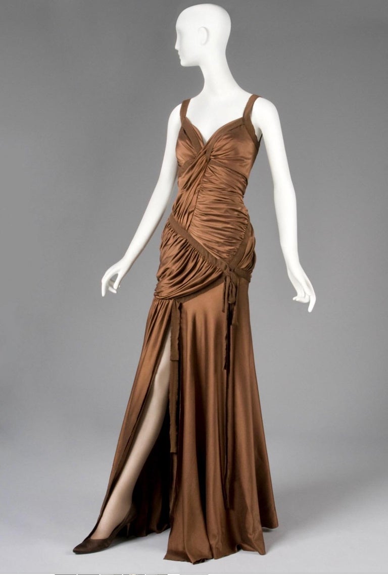 NWT F/W 2005 Donna Karan Runway Copper Brown Silk Satin Bandage Stretch Dress For Sale 2