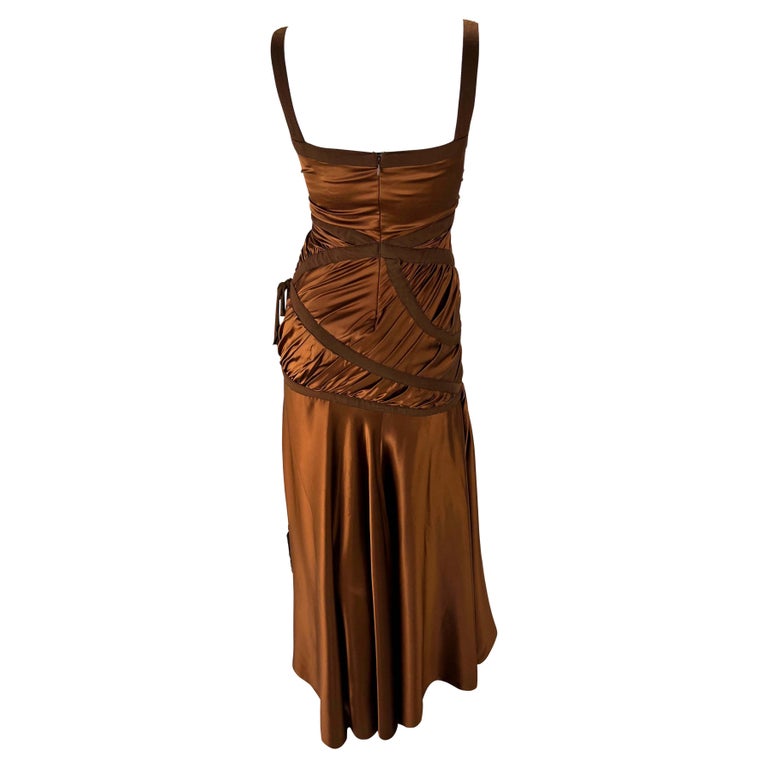 NWT F/W 2005 Donna Karan Runway Copper Brown Silk Satin Bandage Stretch Dress For Sale 3