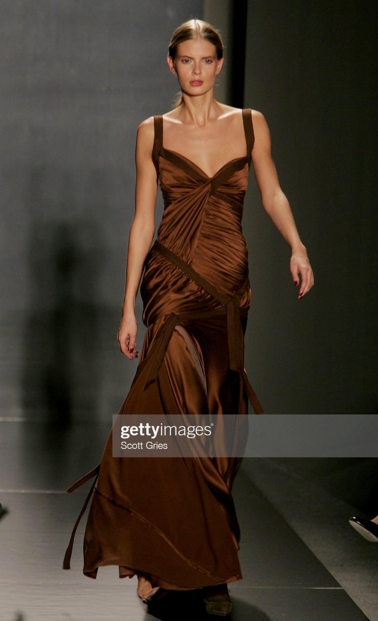 NWT F/W 2005 Donna Karan Runway Copper Brown Silk Satin Bandage Stretch Dress For Sale 4