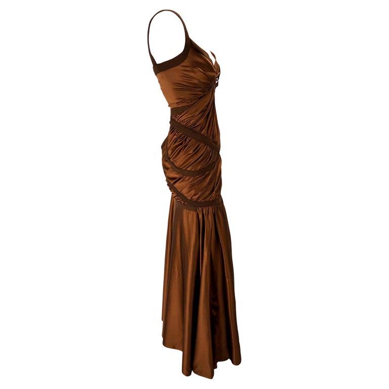 NWT F/W 2005 Donna Karan Runway Copper Brown Silk Satin Bandage Stretch Dress For Sale 5