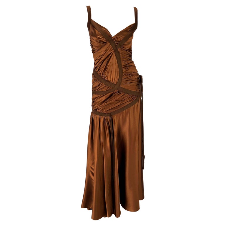 NWT F/W 2005 Donna Karan Runway Copper Brown Silk Satin Bandage Stretch Dress For Sale