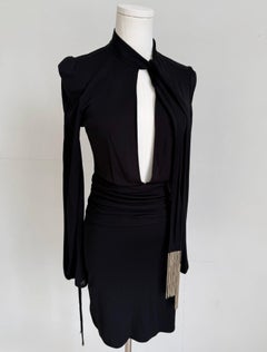 NWT F/W 2006 Black Long Sleeve Mini Dress with Fringe Embellishments