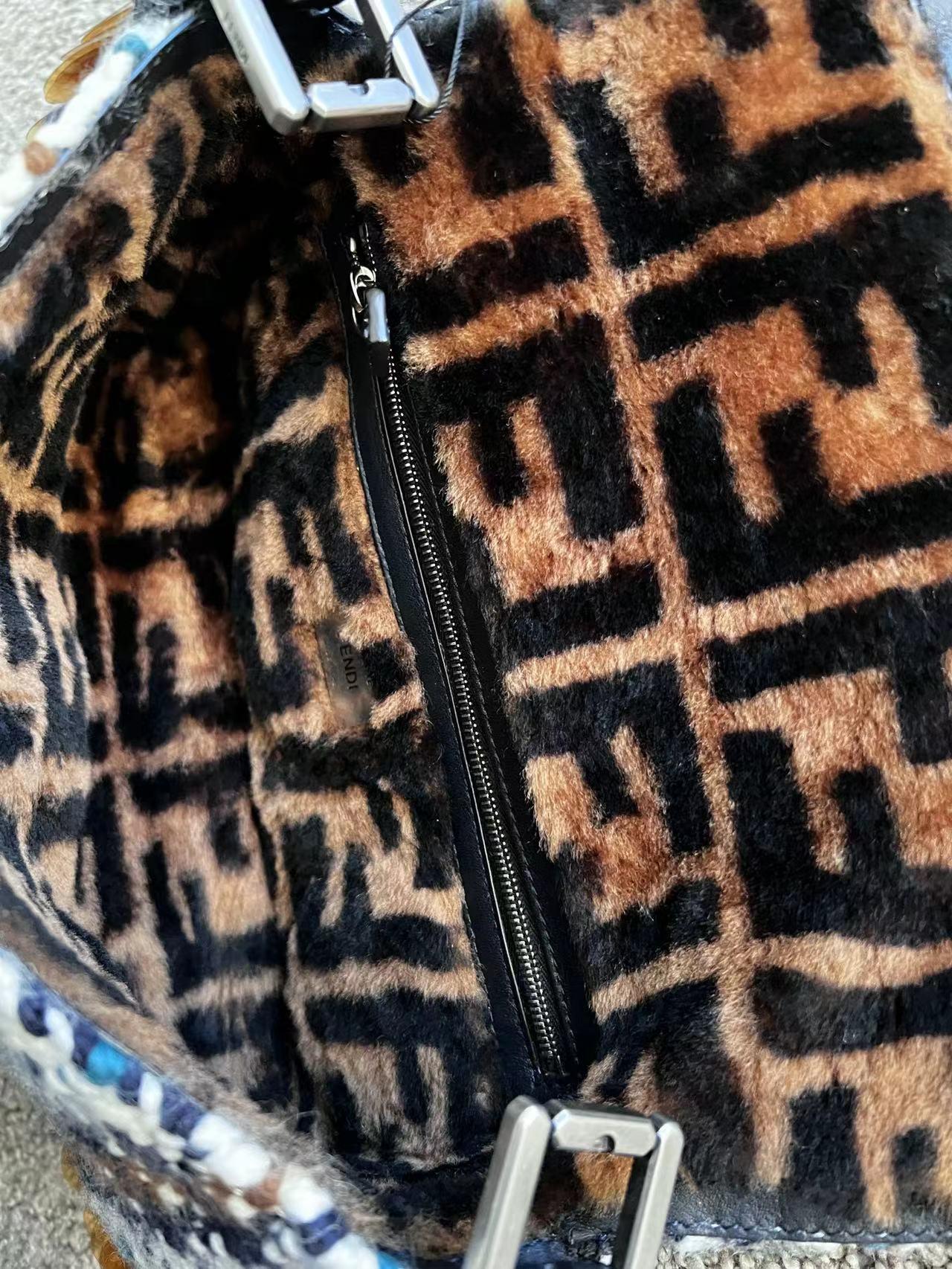 Black NWT! FENDI Tweed & Shearling Sequin Baguette For Sale