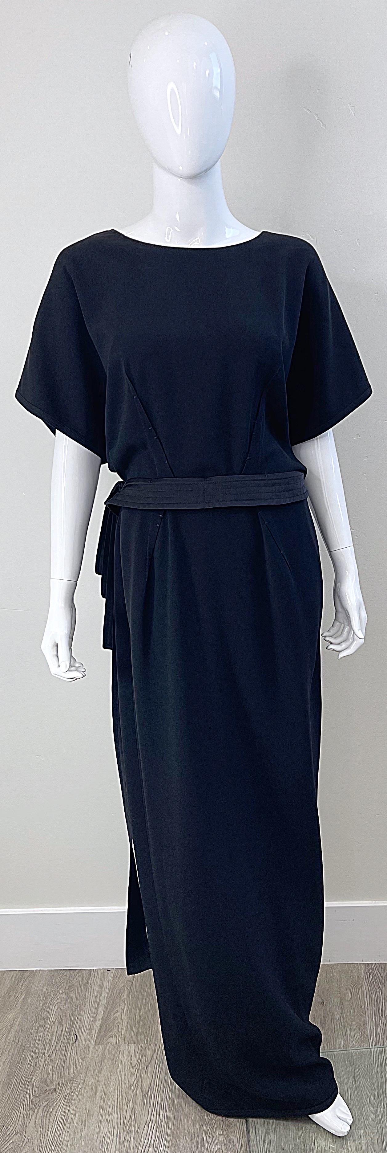 Elegant early 2000s new with original store tags vintage Y2K GIANFRANCO FERRE black rayon wrap gown ! Features a generous bodice with dolman sleeves. The dress can actually be worn backwards as well. Simply slips over the head, and buttons at the
