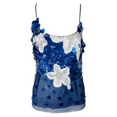 NWT Gianfranco Ferre Taglia 8 Blu Navy Bianco Paillettes Seta Chiffon Top