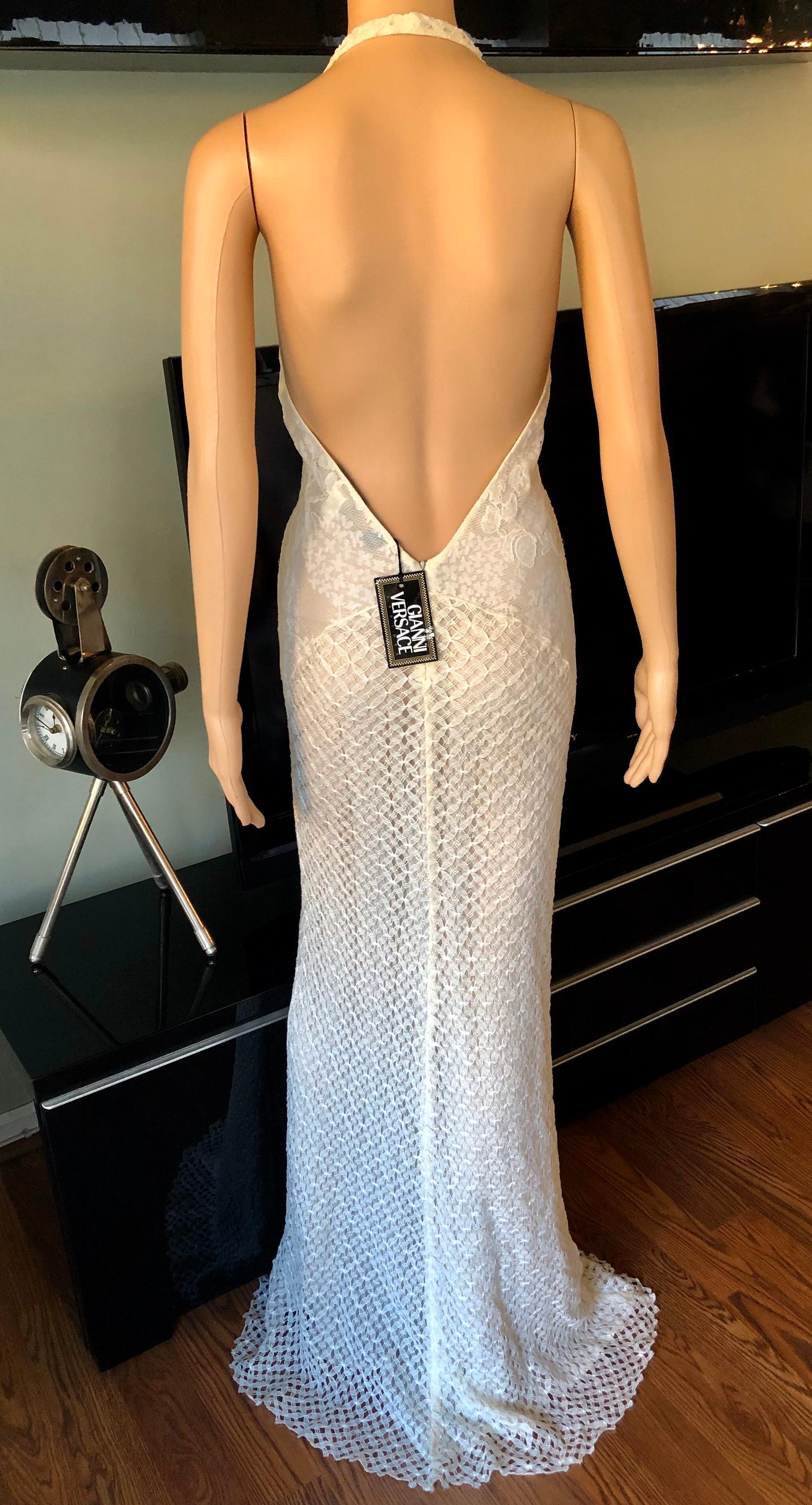 NWT Gianni Versace S/S 2002 Plunging Neckline Halter Backless Semi Sheer Corset Style Lace Up Ivory Dress Gown IT 44
