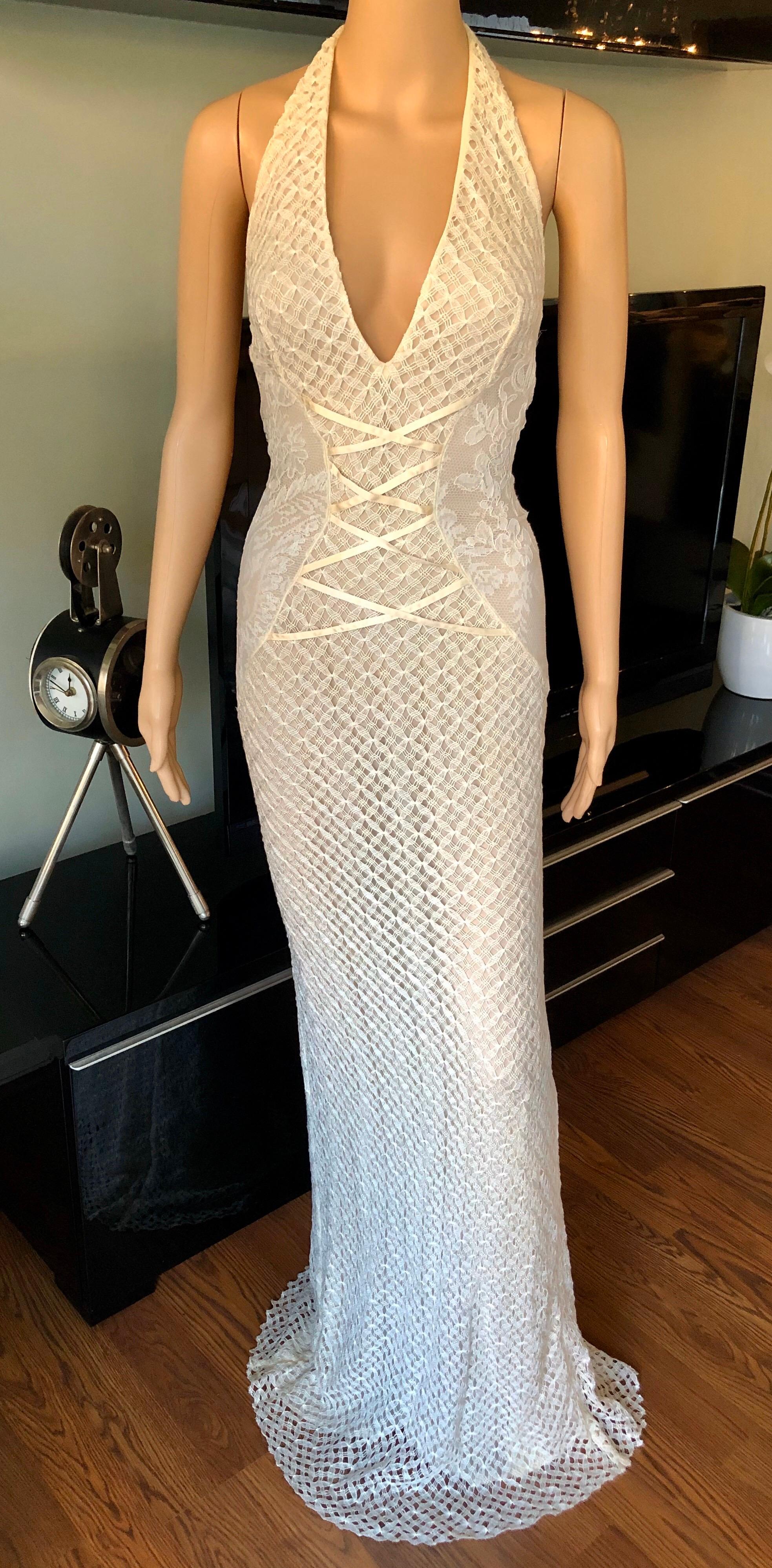 Gray NWT Gianni Versace S/S 2002 Plunging Backless Semi Sheer Lace Ivory Dress Gown