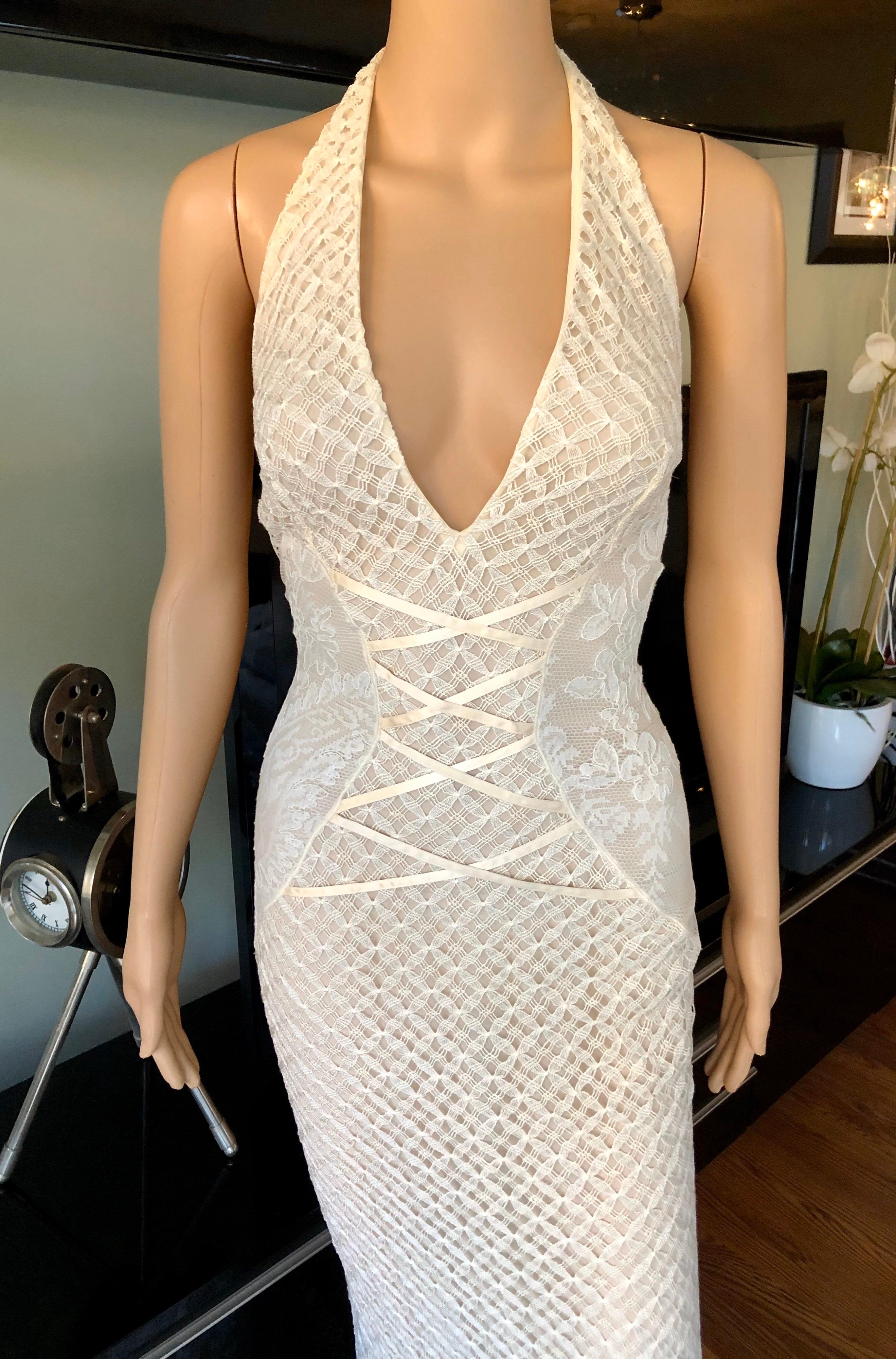 NWT Gianni Versace S/S 2002 Plunging Backless Semi Sheer Lace Ivory Dress Gown In New Condition In Naples, FL