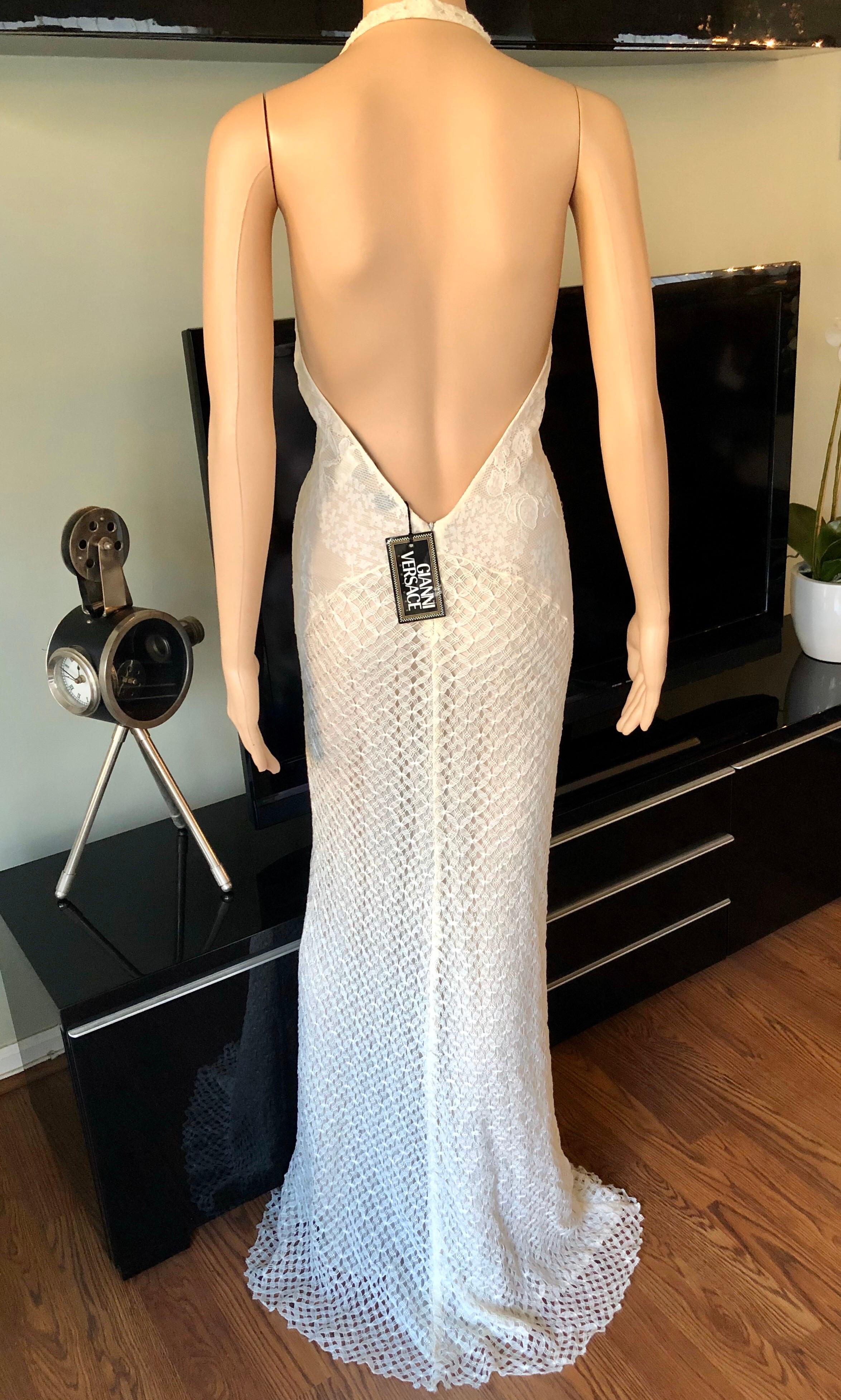NWT Gianni Versace S/S 2002 Plunging Backless Semi Sheer Lace Ivory Dress Gown For Sale 1