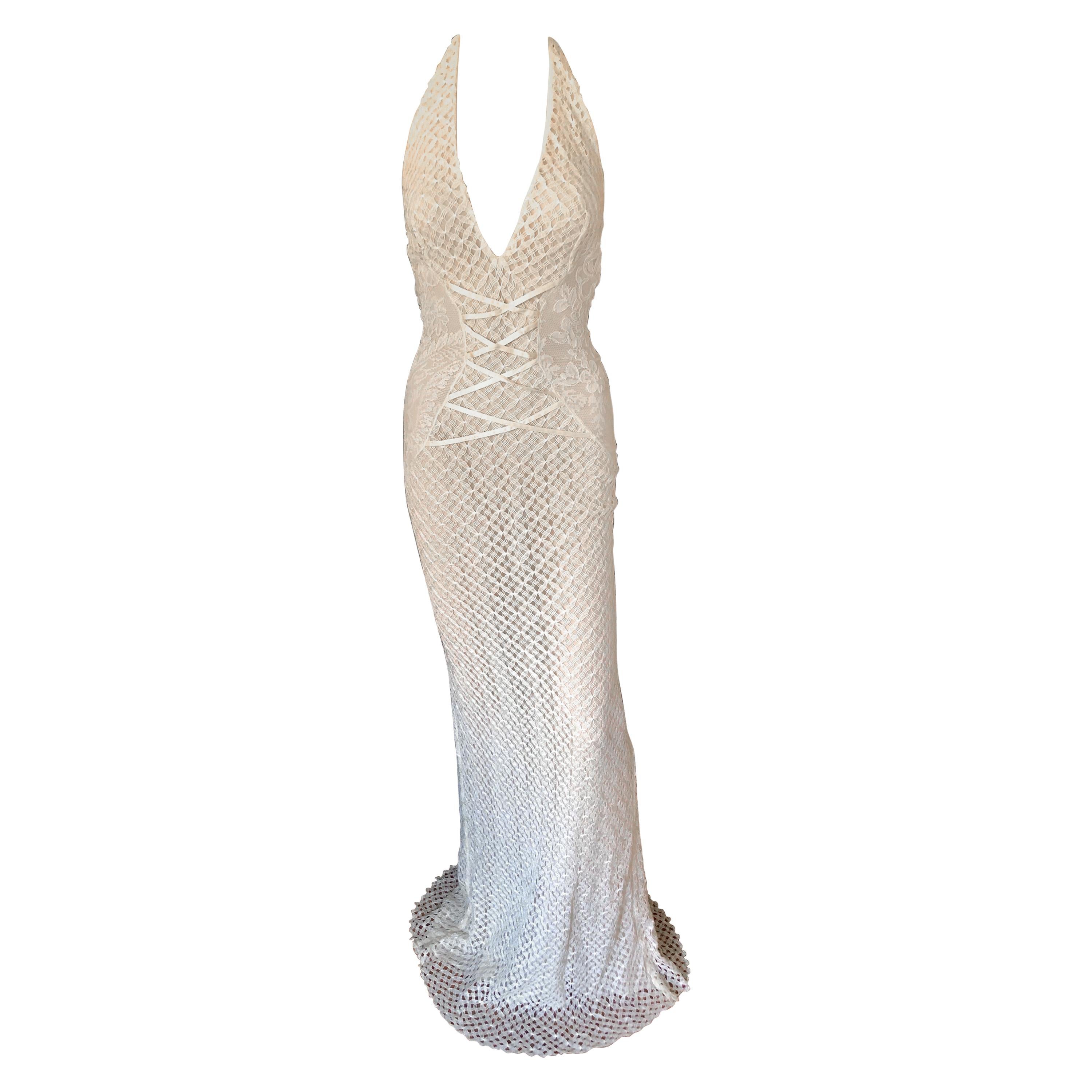 NWT Gianni Versace S/S 2002 Plunging Backless Semi Sheer Lace Ivory Dress Gown For Sale