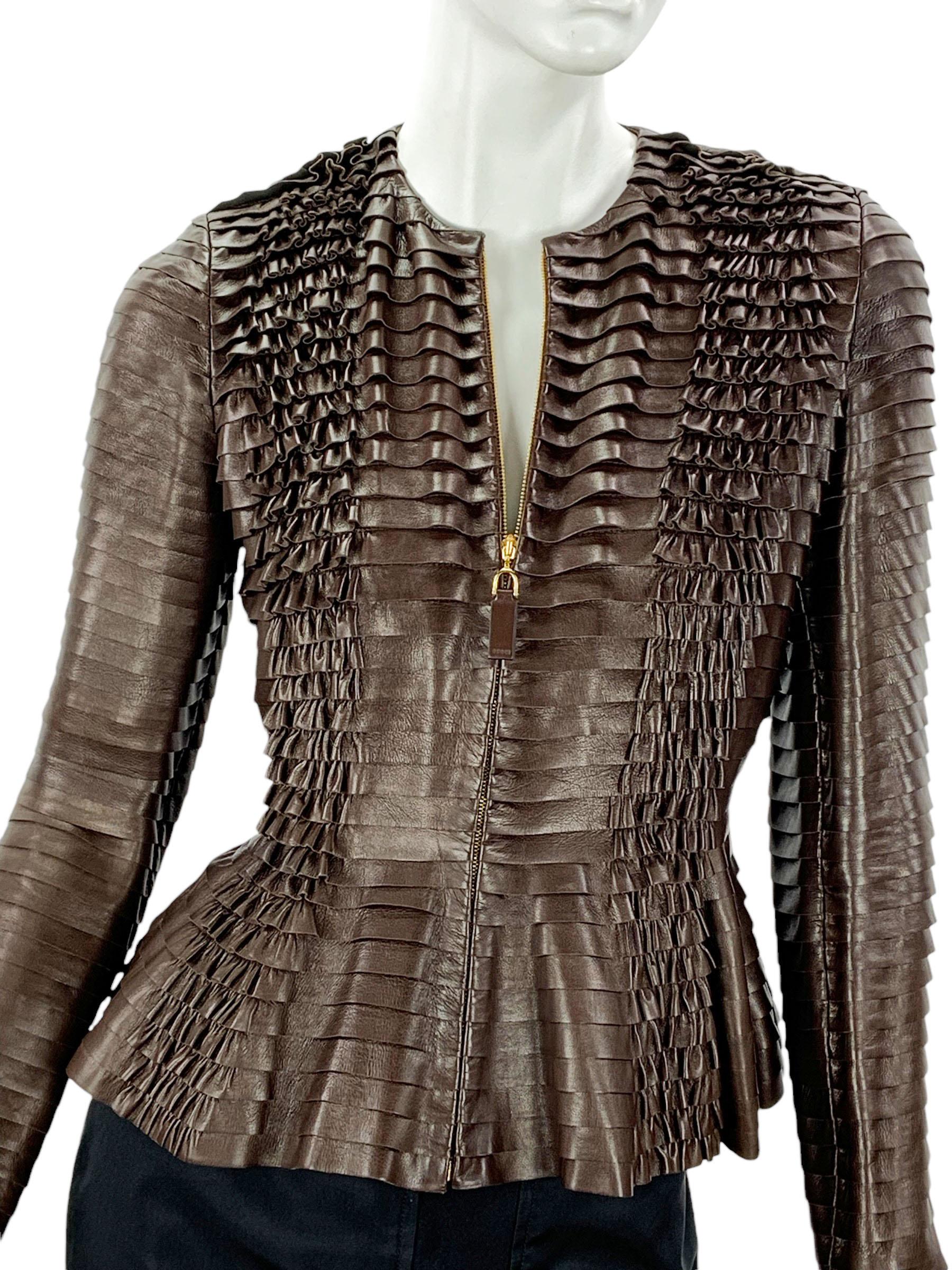 Black NWT Gucci Brown Super Soft Leather Pleated Peplum Jacket For Sale