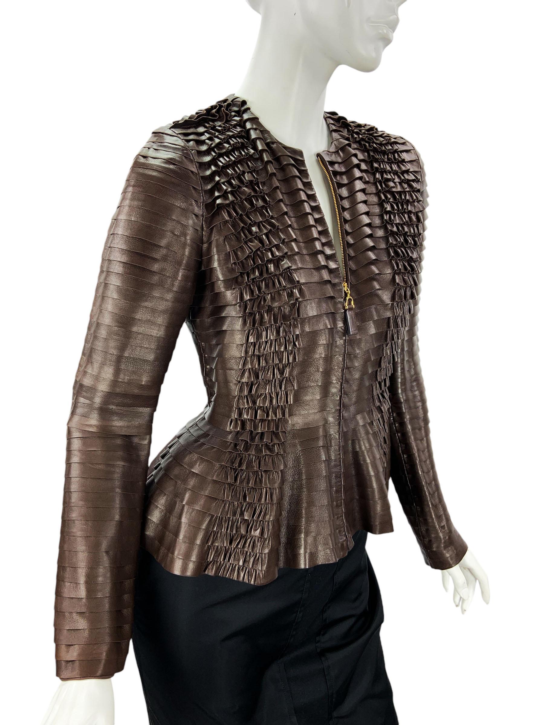 NWT Gucci Brown Super Soft Leather Pleated Peplum Jacket In New Condition For Sale In Montgomery, TX