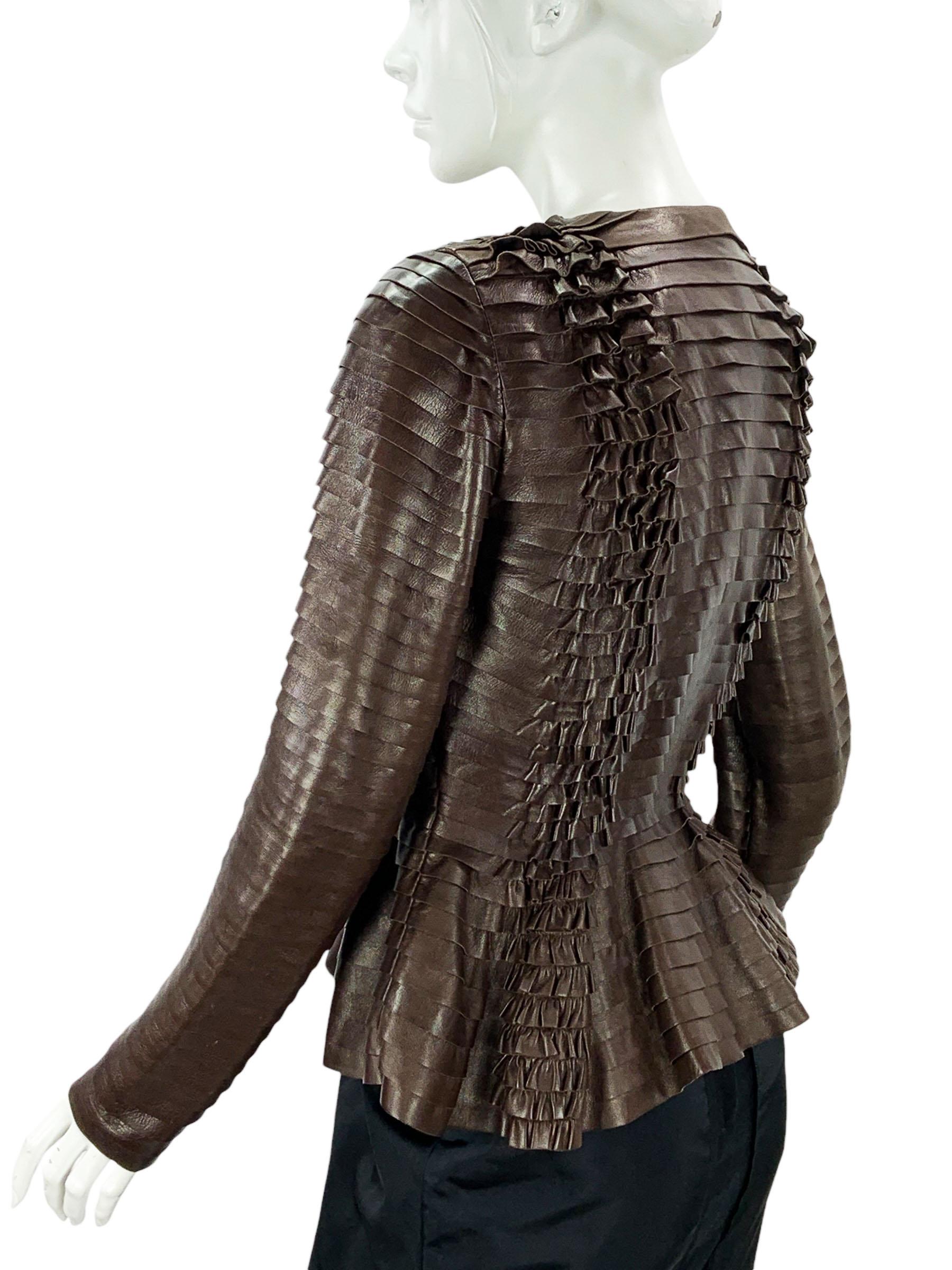 Women's NWT Gucci Brown Super Soft Leather Pleated Peplum Jacket For Sale