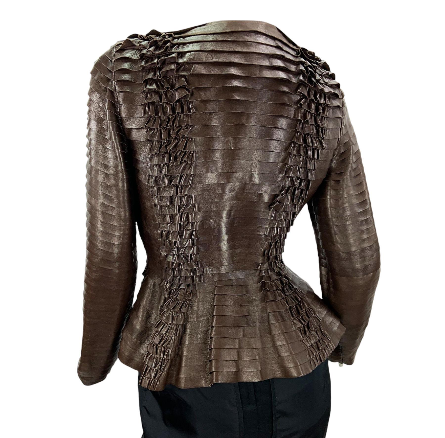 NWT Gucci Brown Super Soft Leather Pleated Peplum Jacket For Sale 1