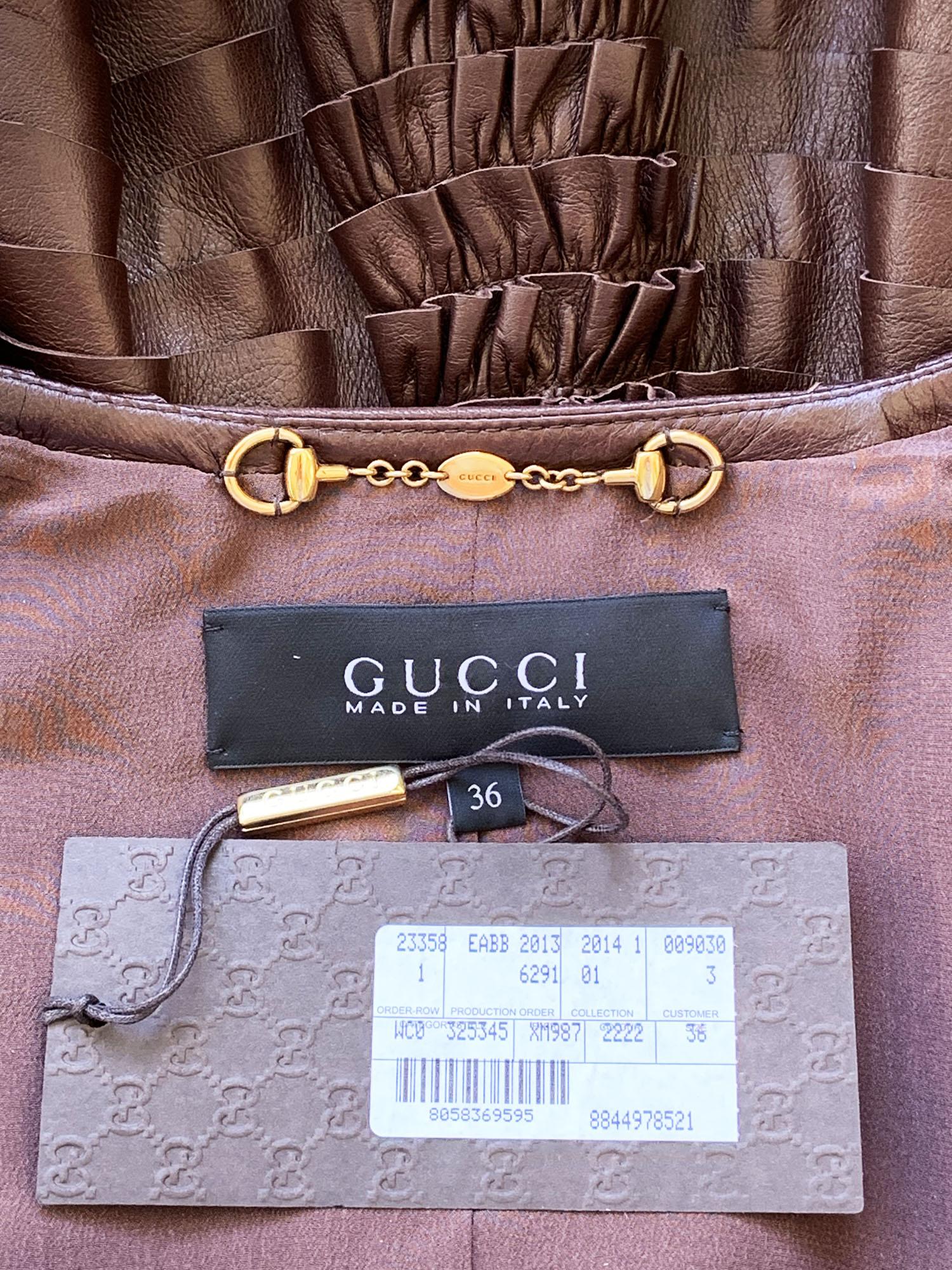 NWT Gucci Brown Super Soft Leather Pleated Peplum Jacket For Sale 3