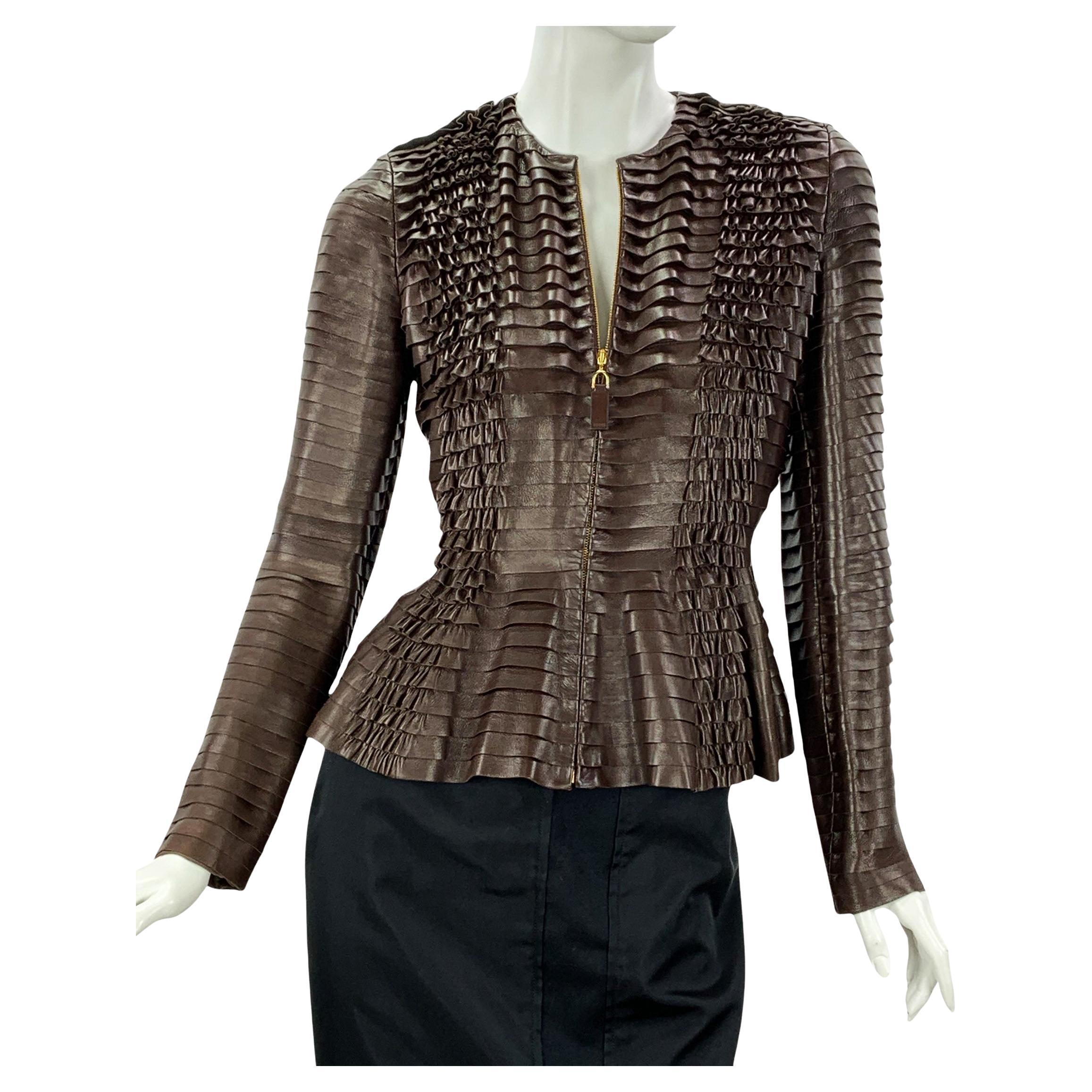 NWT Gucci Brown Super Soft Leather Pleated Peplum Jacket For Sale