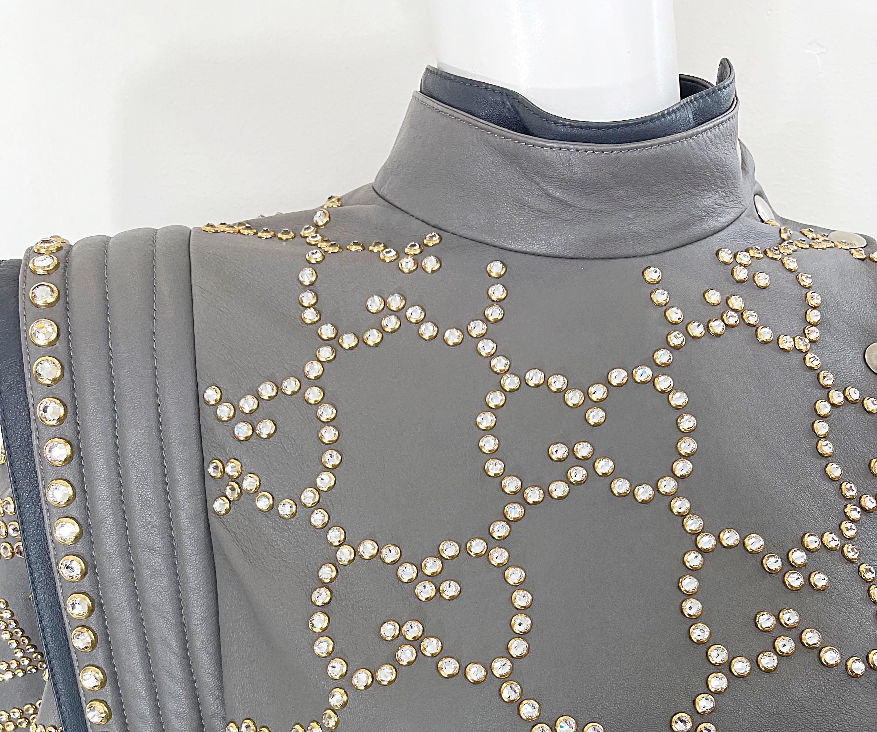 NWT GUCCI F/W 2018 Runway Gray Sz 40 Leather Studded Rhinestone Jacket or Vest For Sale 5