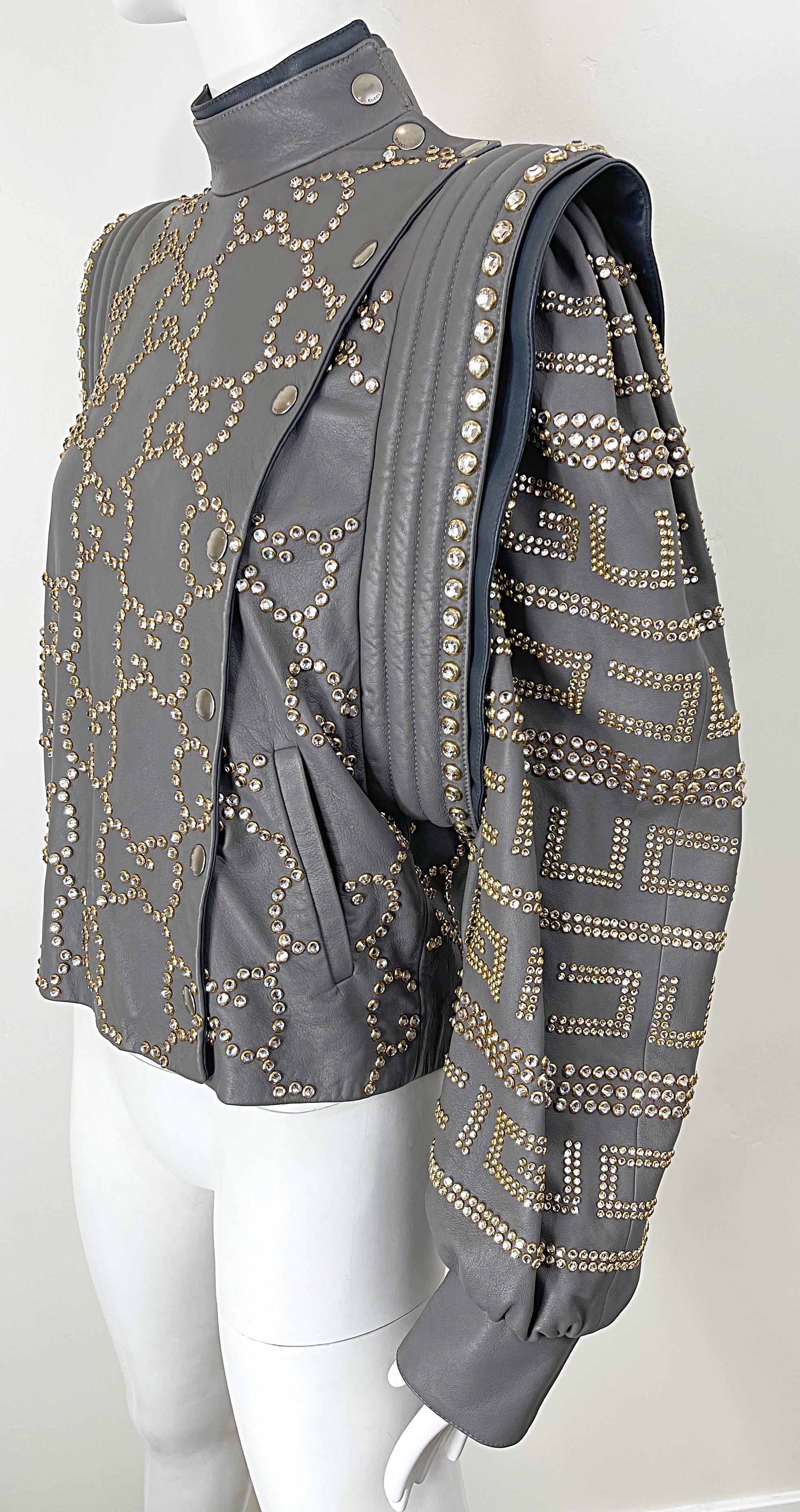 NWT GUCCI F/W 2018 Runway Gray Sz 40 Leather Studded Rhinestone Jacket or Vest For Sale 6