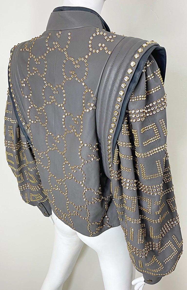 NWT GUCCI F/W 2018 Runway Gray Sz 40 Leather Studded Rhinestone