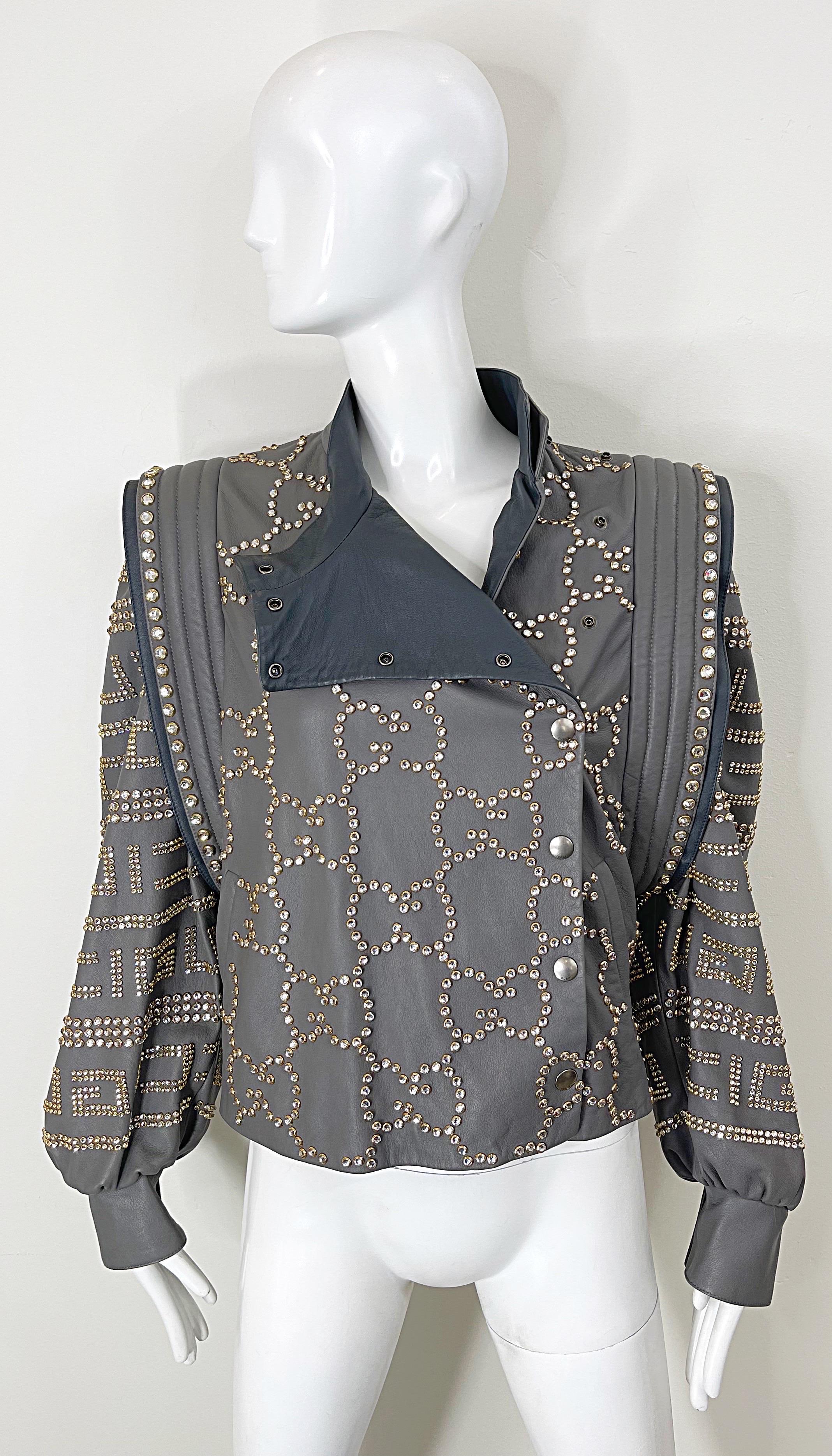 NWT GUCCI F/W 2018 Runway Gray Sz 40 Leather Studded Rhinestone Jacket or Vest For Sale 2