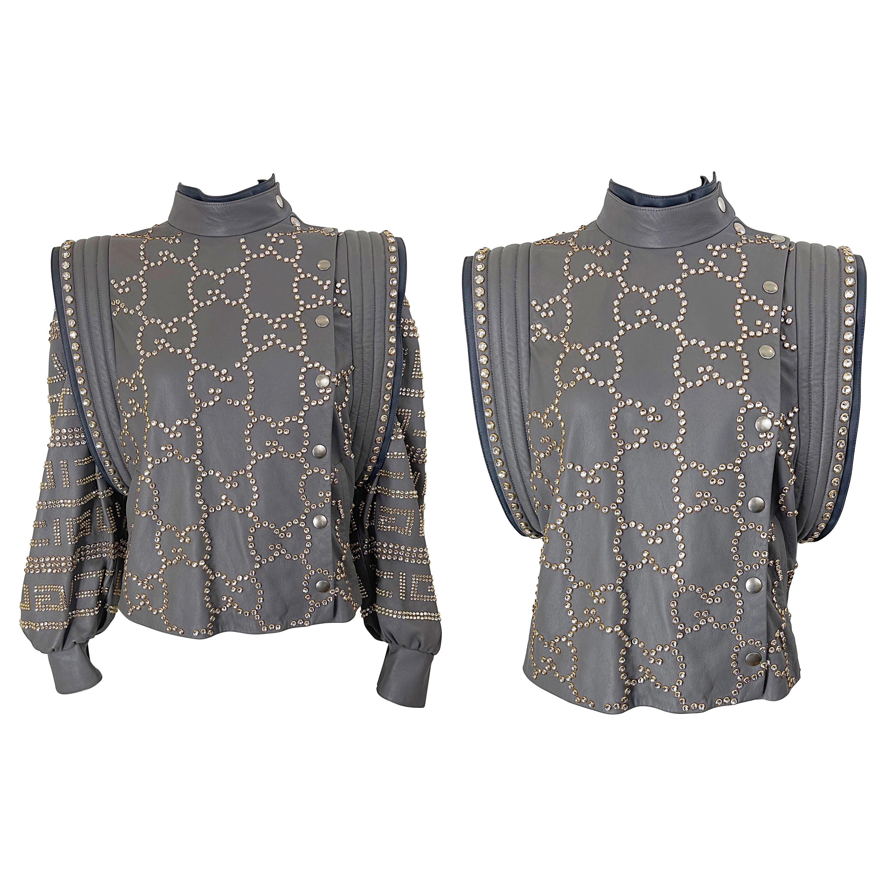 NWT GUCCI F/W 2018 Runway Gray Sz 40 Leather Studded Rhinestone Jacket or Vest en vente