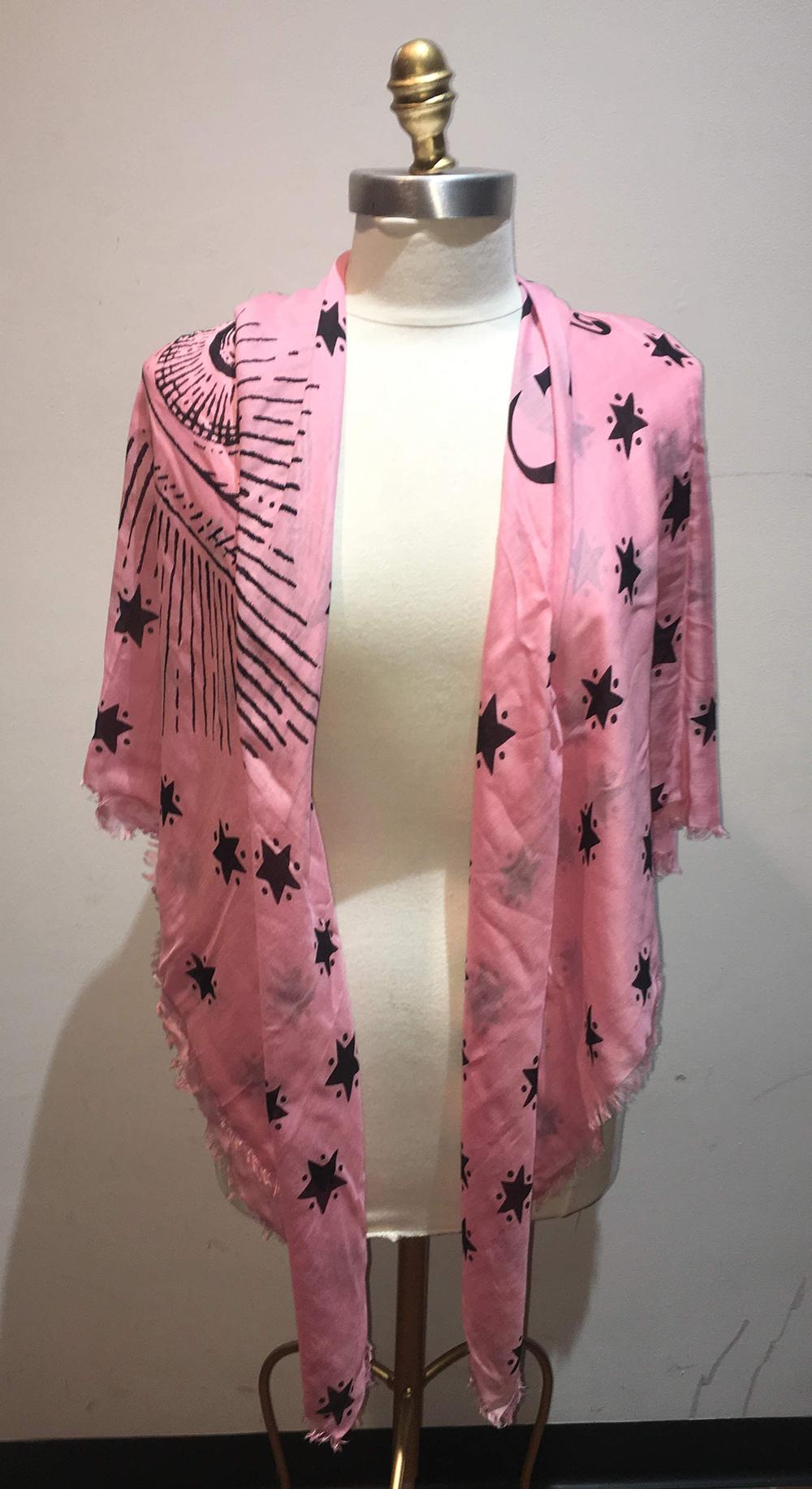 NWT Gucci garden eye star silk shawl in New with tags condition. Original silk screen design from the 2018 Limited edition Gucci garden collection features a centered eye design with stars surrounding over a pink background. Made in Italy, no stains
