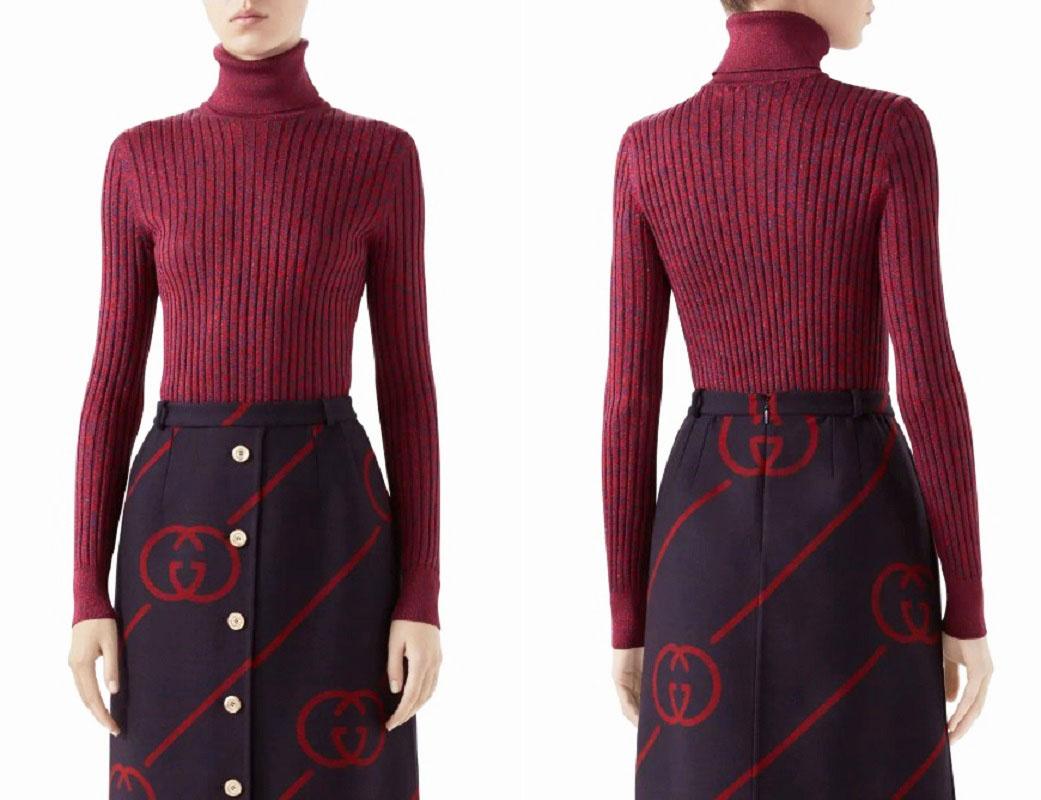 NWT Gucci Maglione dolcevita a costine in misto seta metallizzata in rosso/blu
Gucci taglia L = 8
I riflessi metallici e i filati mélange mettono in risalto la costina aderente di questo maglione dolcevita in seta.
88% seta, 6% fibre metalliche, 6%