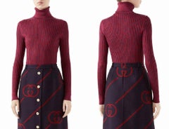 NWT Gucci Metallic Silk Blend Rib Turtleneck Sweater In Blue/ Red size L / 8