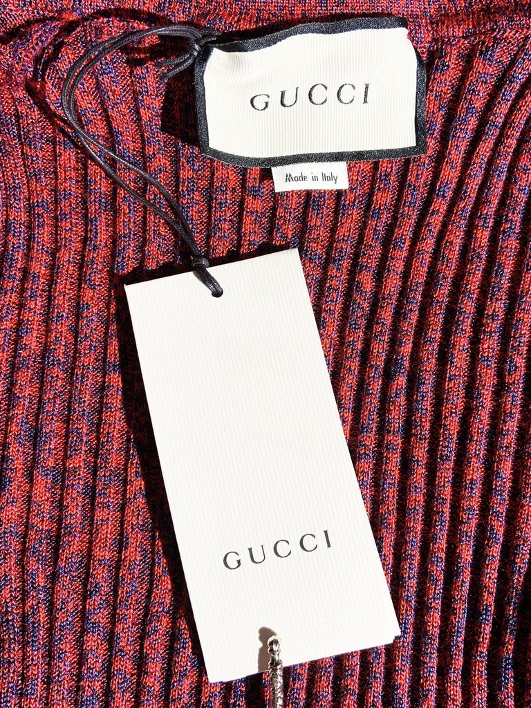 NWT Gucci Metallic Silk Blend Rib Turtleneck Sweater In Blue/ Red 