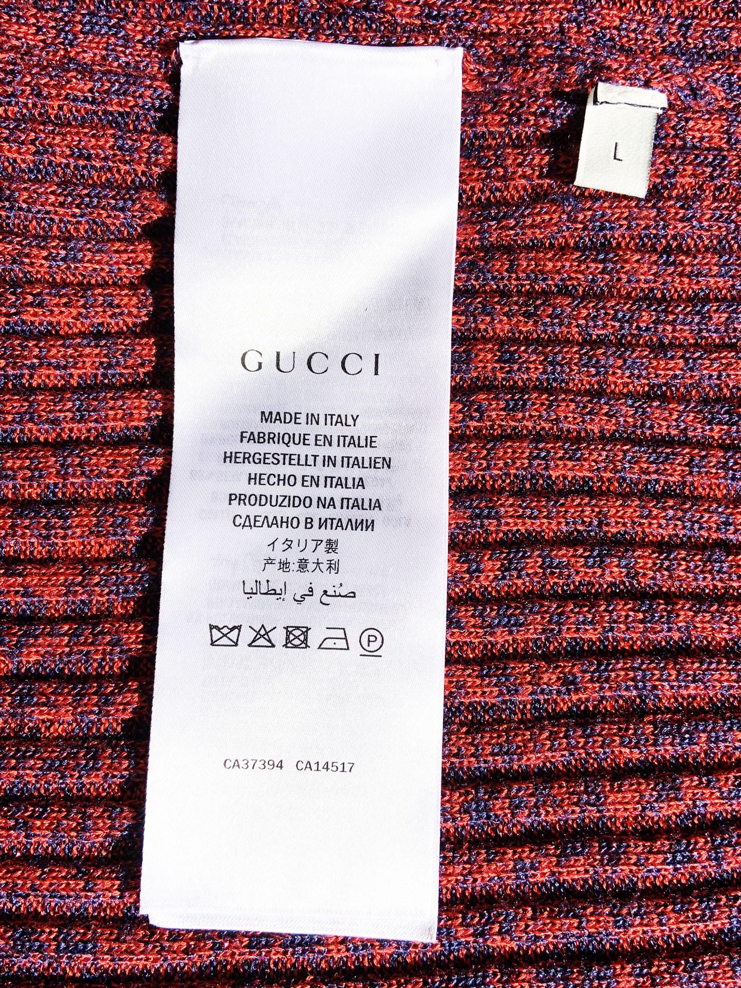 Donna NWT Gucci Maglione a collo alto a coste in misto seta metallica in blu/rosso taglia L / 8 in vendita