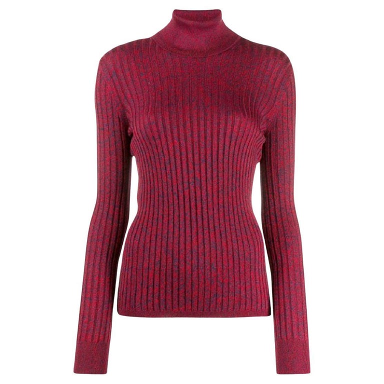 NWT Gucci Metallic Silk Blend Rib Turtleneck Sweater In Blue/ Red 