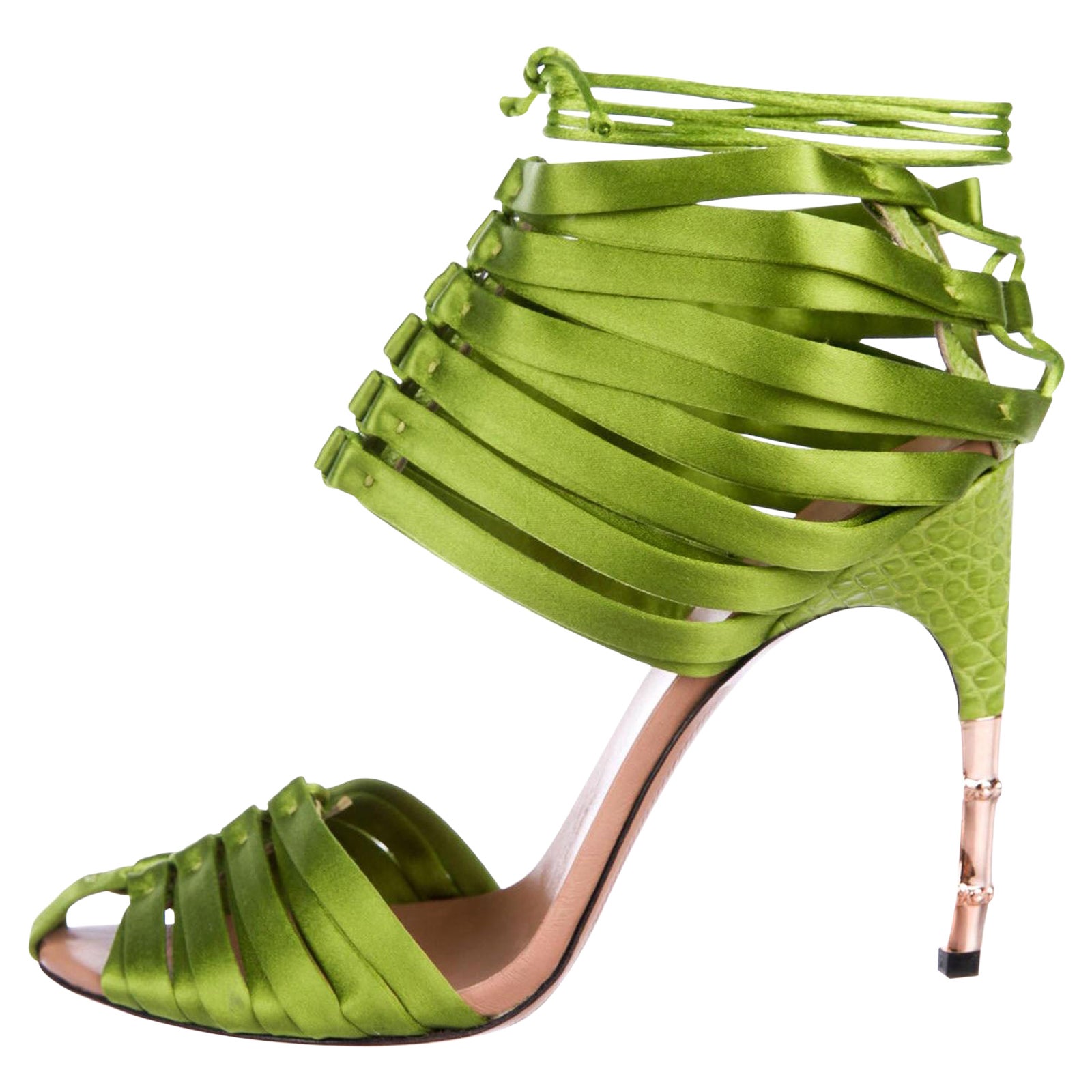 NEU Iconic TOM FORD für GUCCI F/S 2004 Grüne Satin Korsett Schuhe Sandalen 6,5 , 7