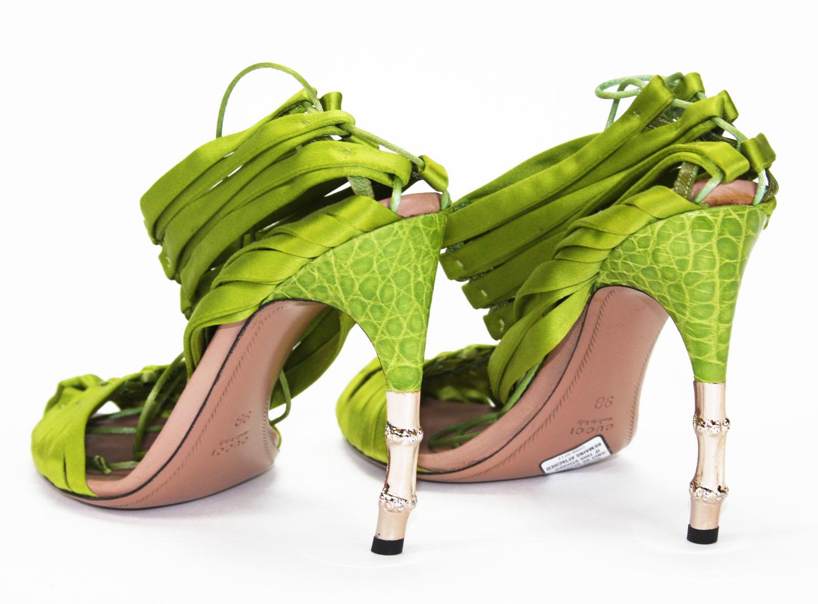 NWT Iconic TOM FORD for GUCCI S/S 2004 Green Satin Corset Shoes Sandals 6.5 , 7 For Sale 2