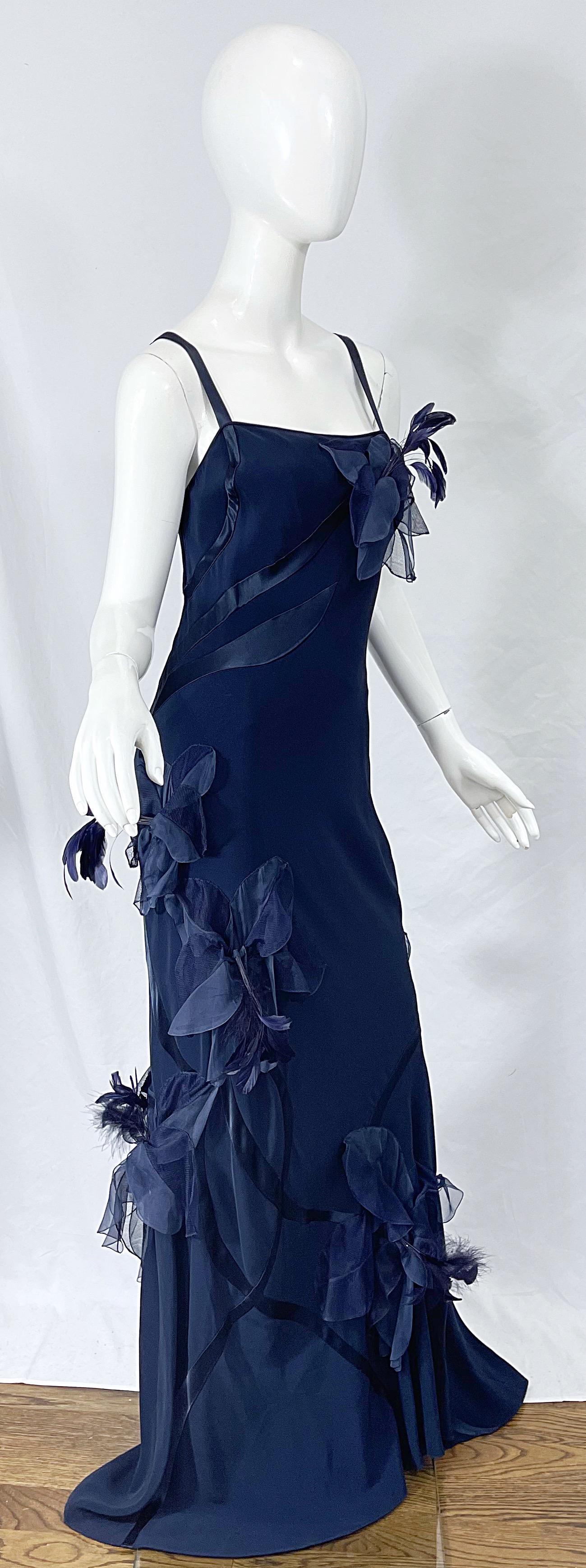 NWT John Galliano Size 10 Early 2000s Navy Blue Feather Silk / Satin Gown Dress 3