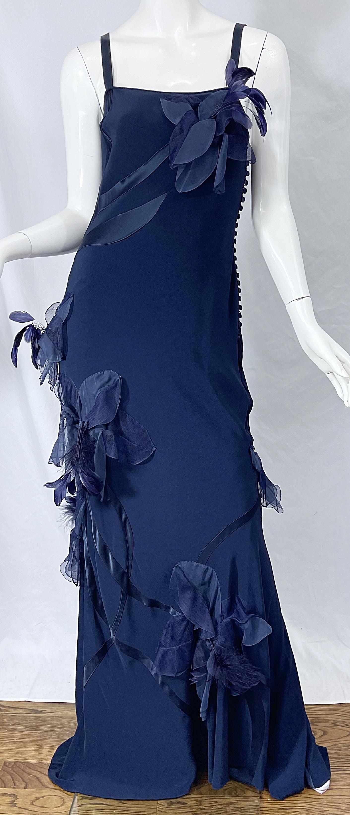 NWT John Galliano Size 10 Early 2000s Navy Blue Feather Silk / Satin Gown Dress 4